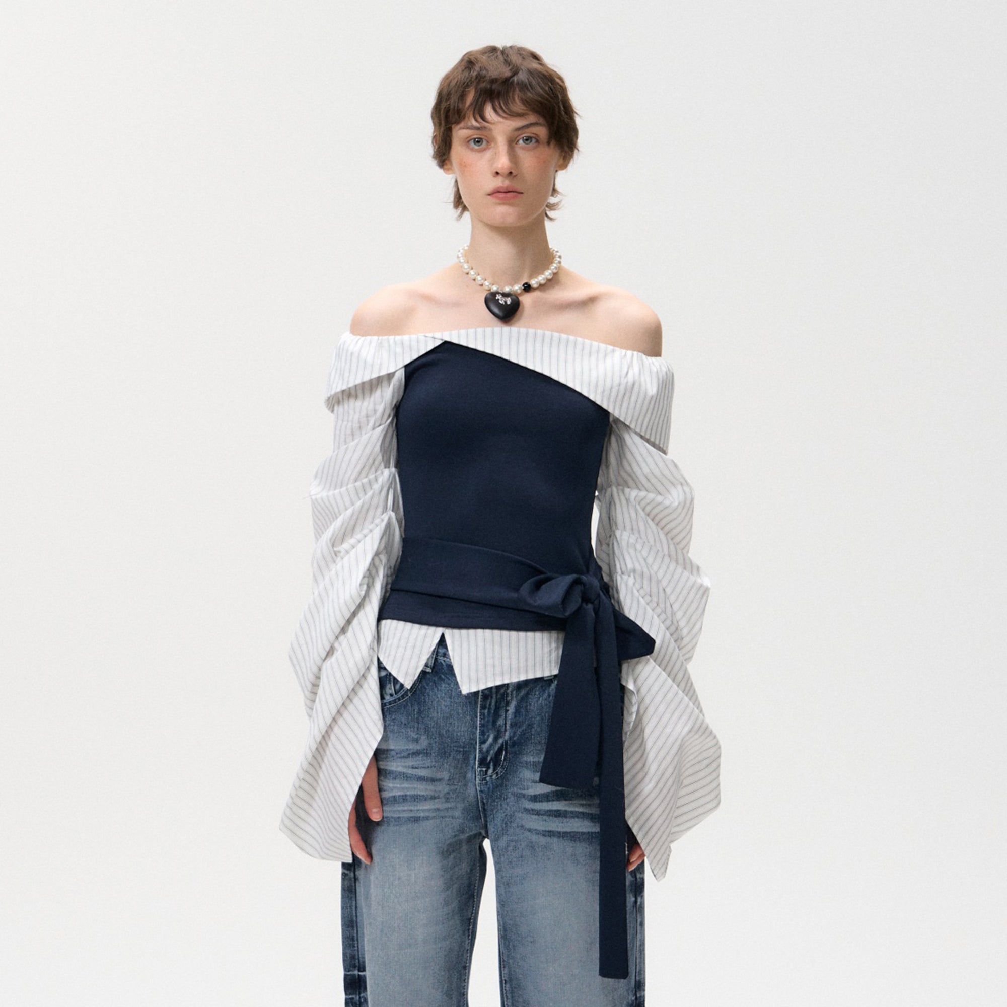 10AMSOTIIIIIIRED Spliced Off-Shoulder Drape Shirt Top