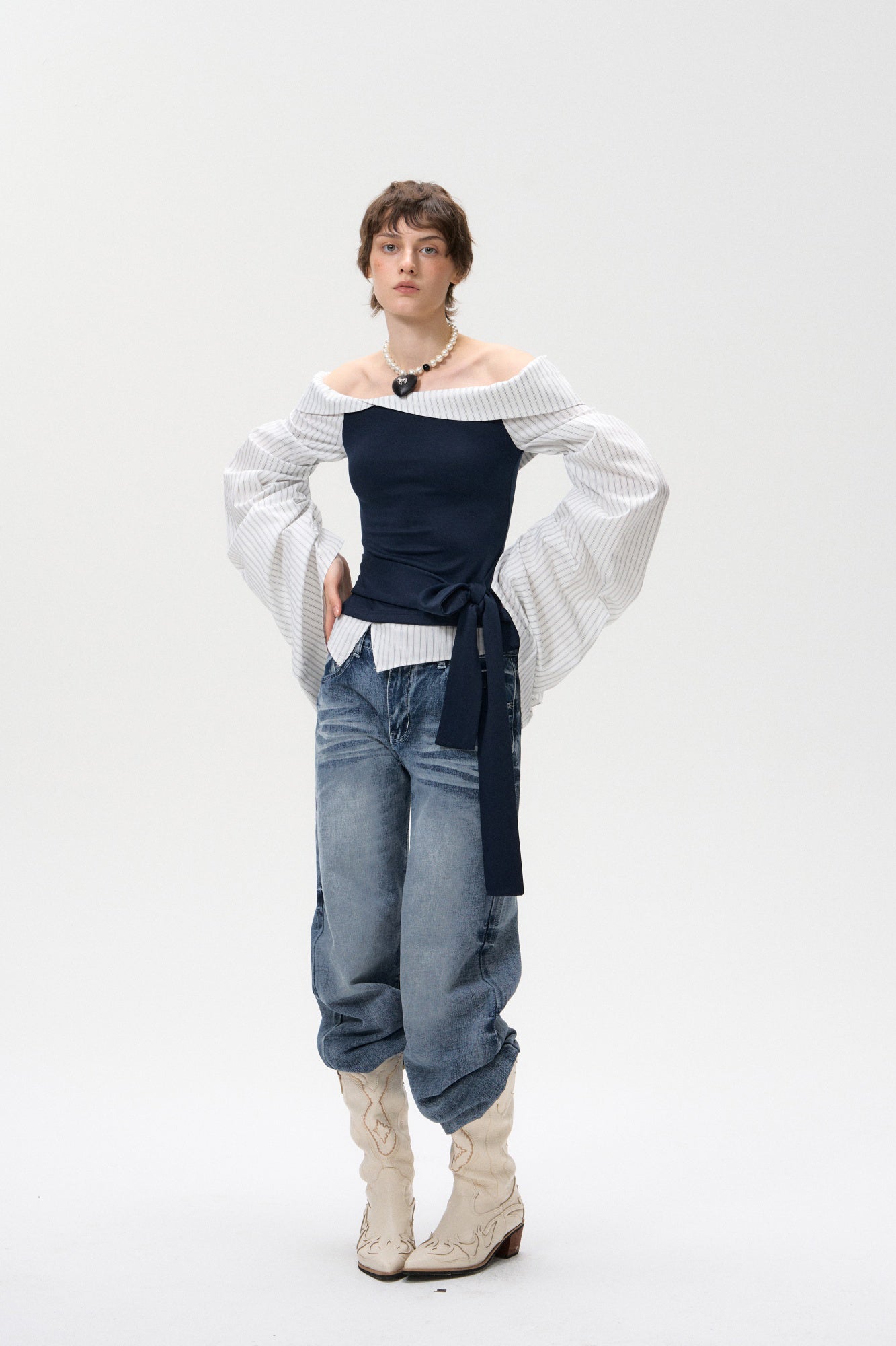 10AMSOTIIIIIIRED Spliced Off-Shoulder Drape Shirt Top