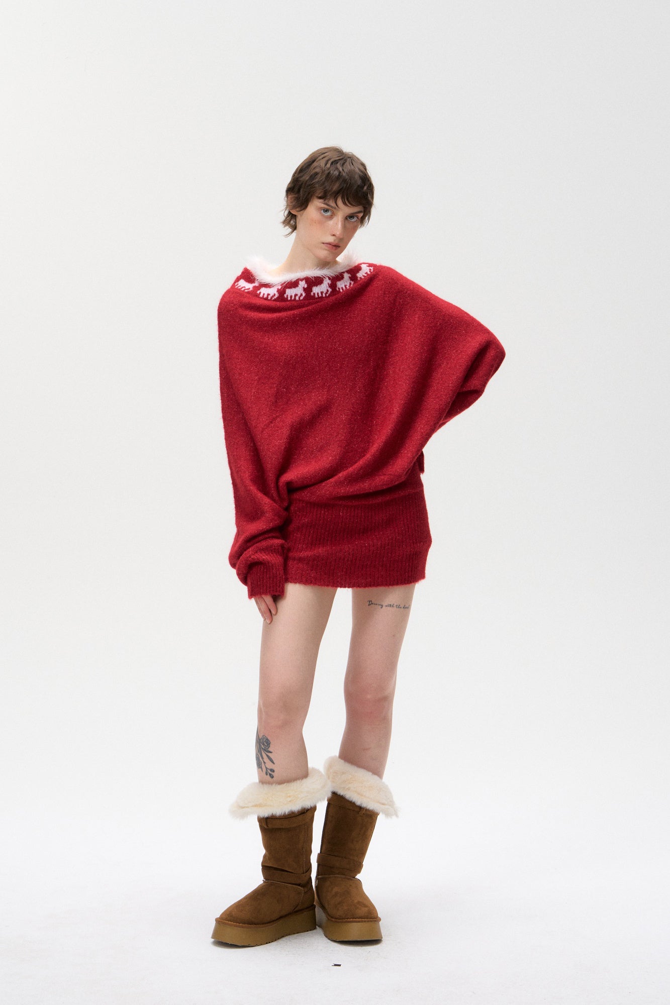 10AMSOTIIIIIIRED Fuzzy Fair Isle Ribbed Hem Sweater