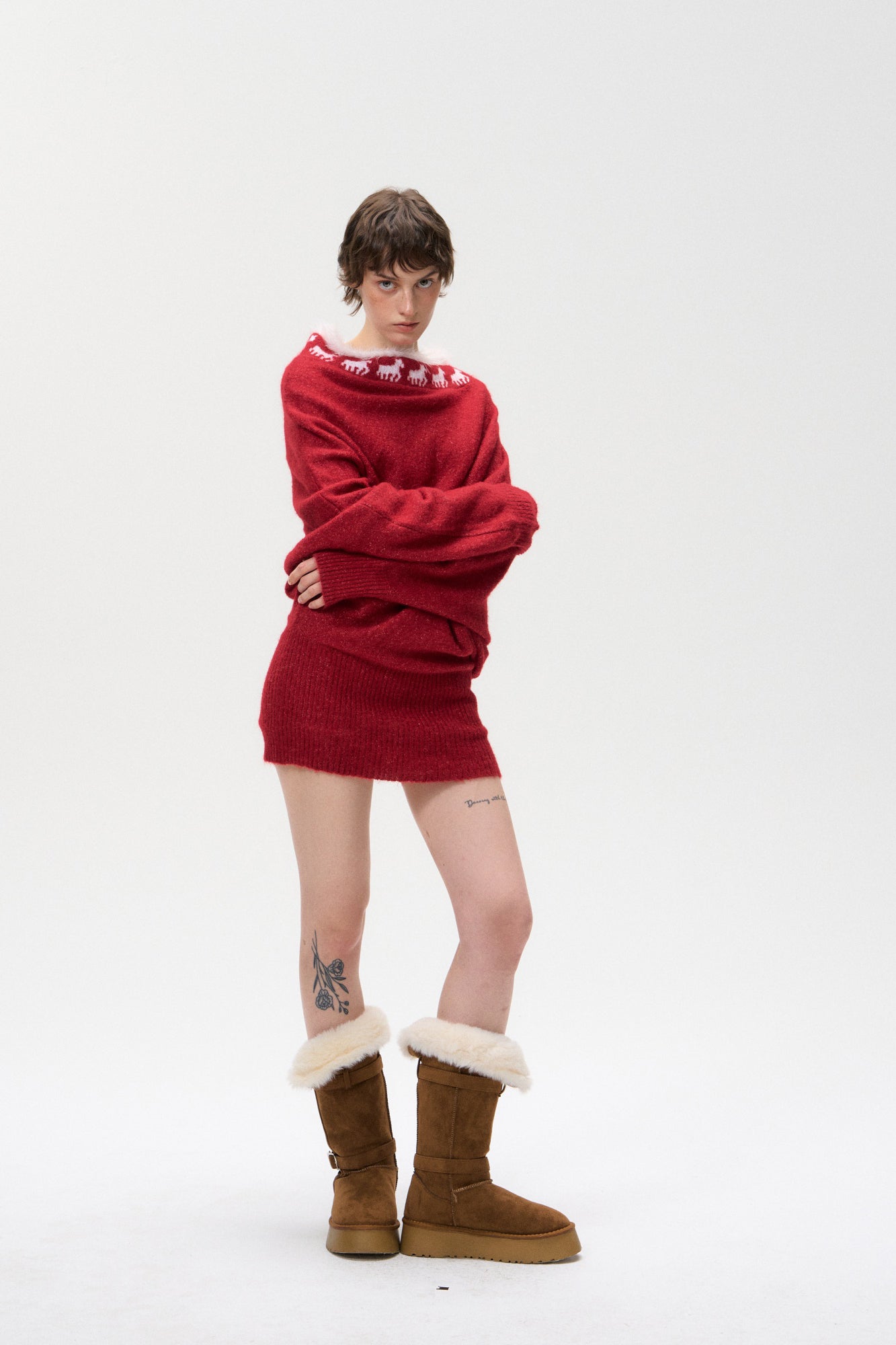 10AMSOTIIIIIIRED Fuzzy Fair Isle Ribbed Hem Sweater