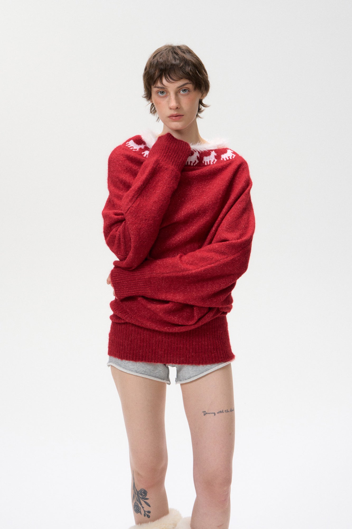 10AMSOTIIIIIIRED Fuzzy Fair Isle Ribbed Hem Sweater