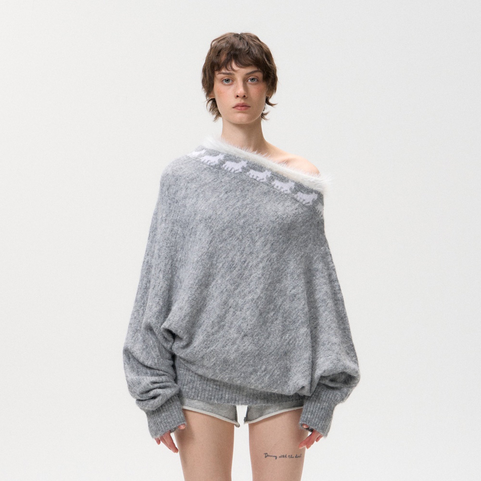 10AMSOTIIIIIIRED Fuzzy Fair Isle Ribbed Hem Sweater