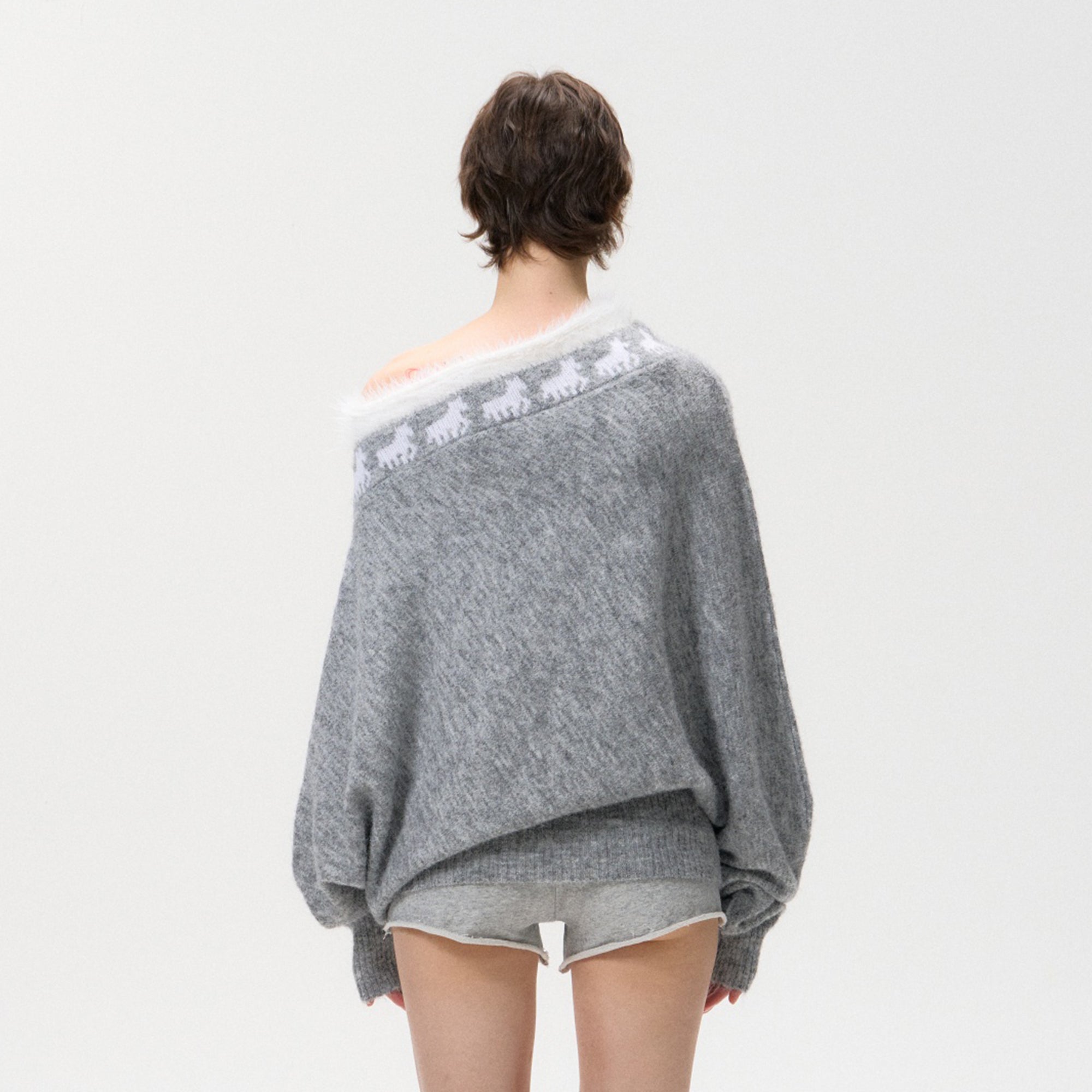 10AMSOTIIIIIIRED Fuzzy Fair Isle Ribbed Hem Sweater