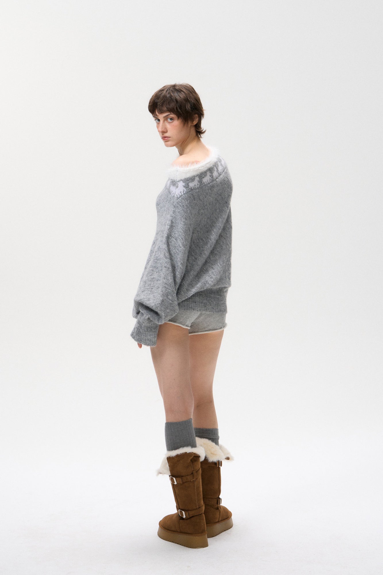 10AMSOTIIIIIIRED Fuzzy Fair Isle Ribbed Hem Sweater