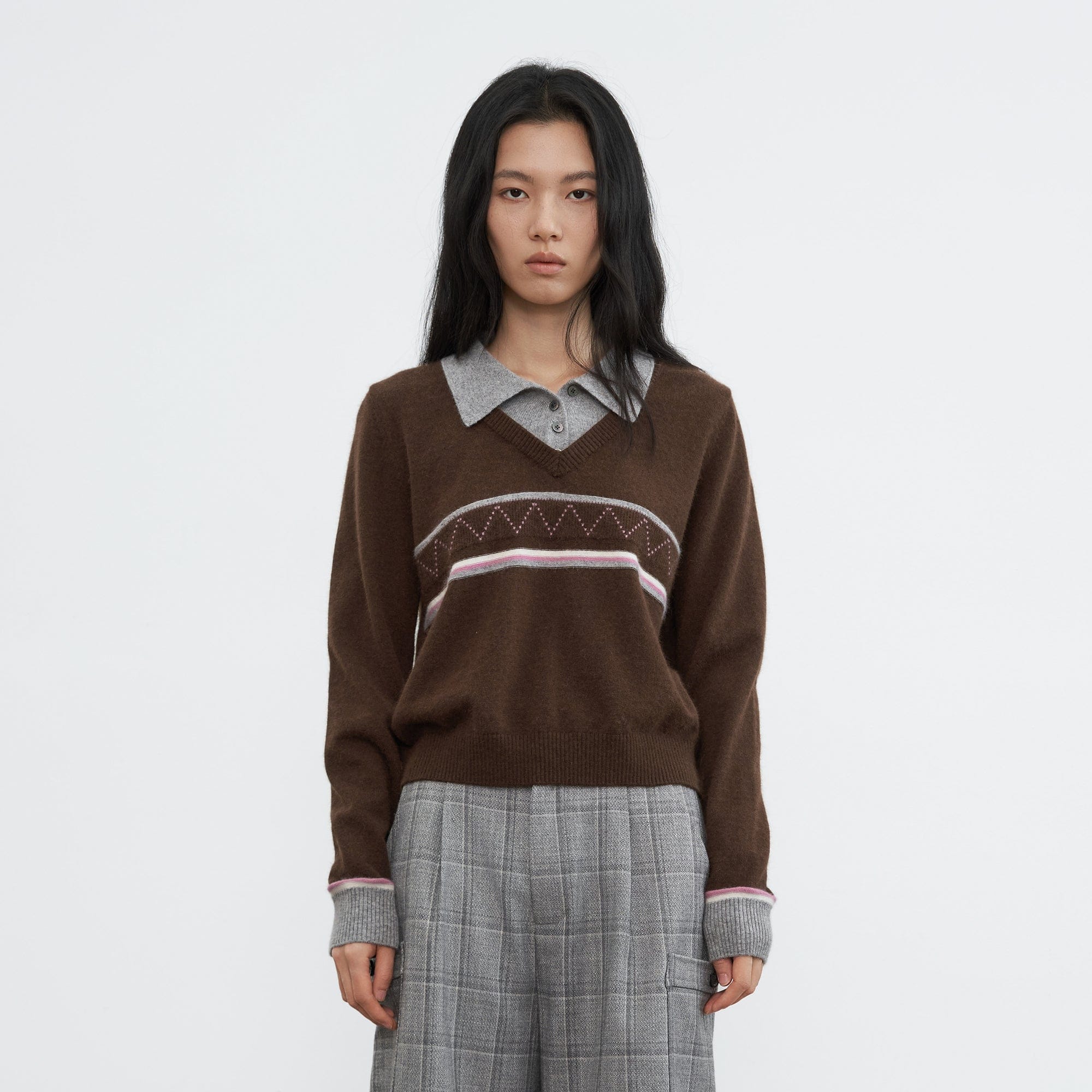 SAME FLOW Faux-Layered Knit Polo Sweater
