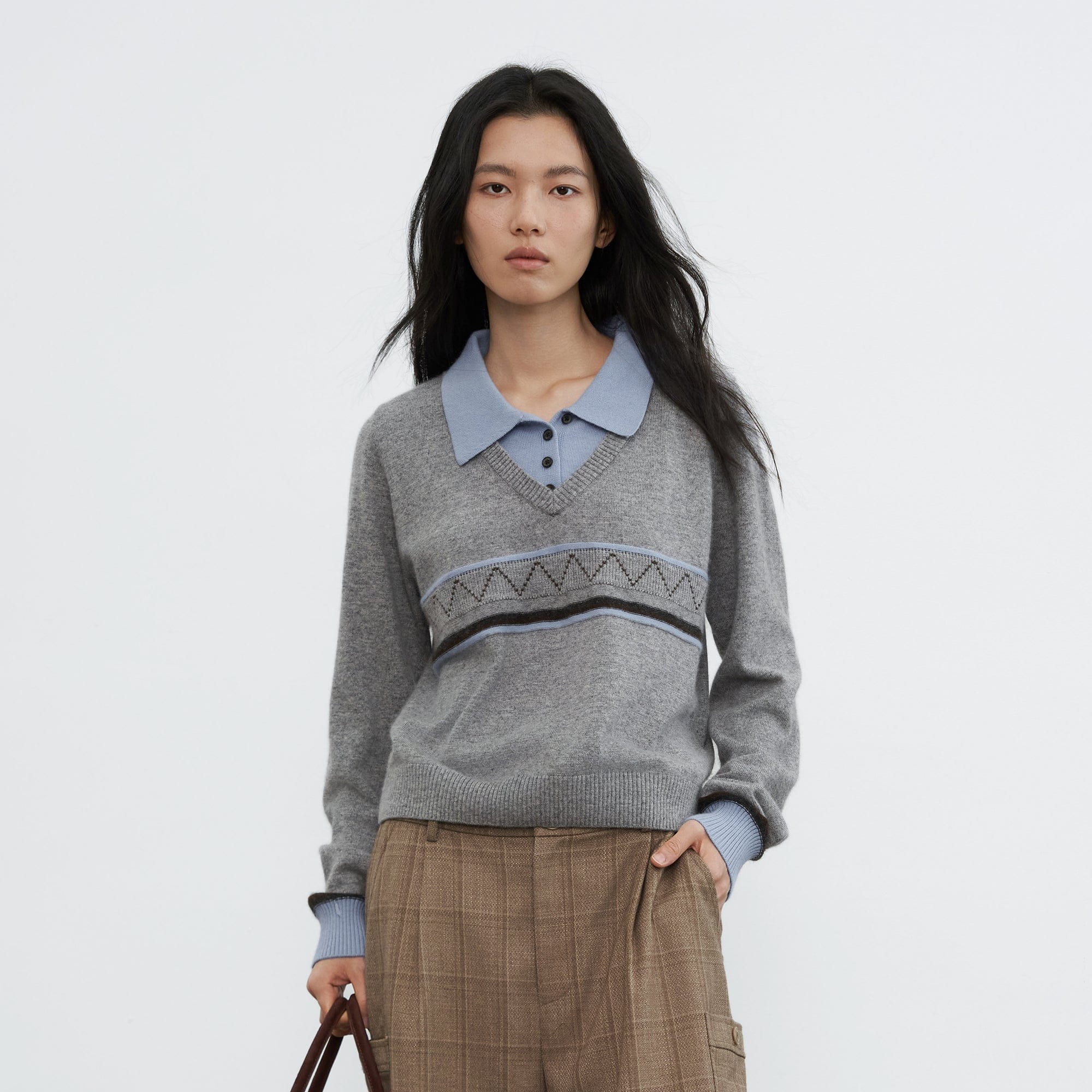 SAME FLOW Faux-Layered Knit Polo Sweater