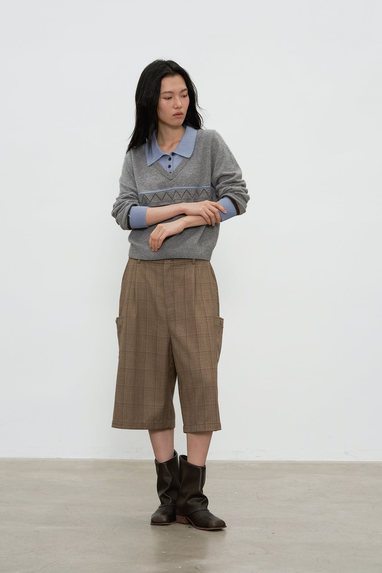 SAME FLOW Faux-Layered Knit Polo Sweater