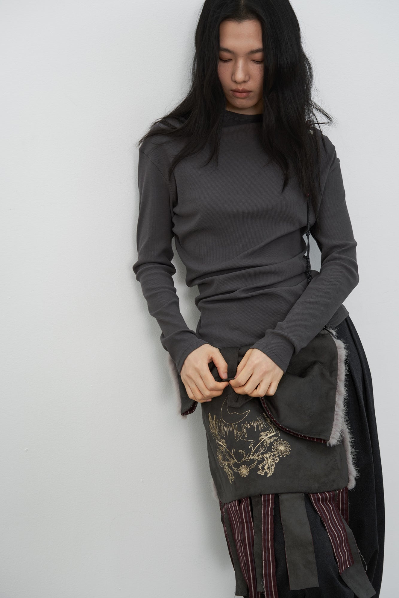 SAME FLOW Embroidered Faux Suede Fringe Messenger Bag