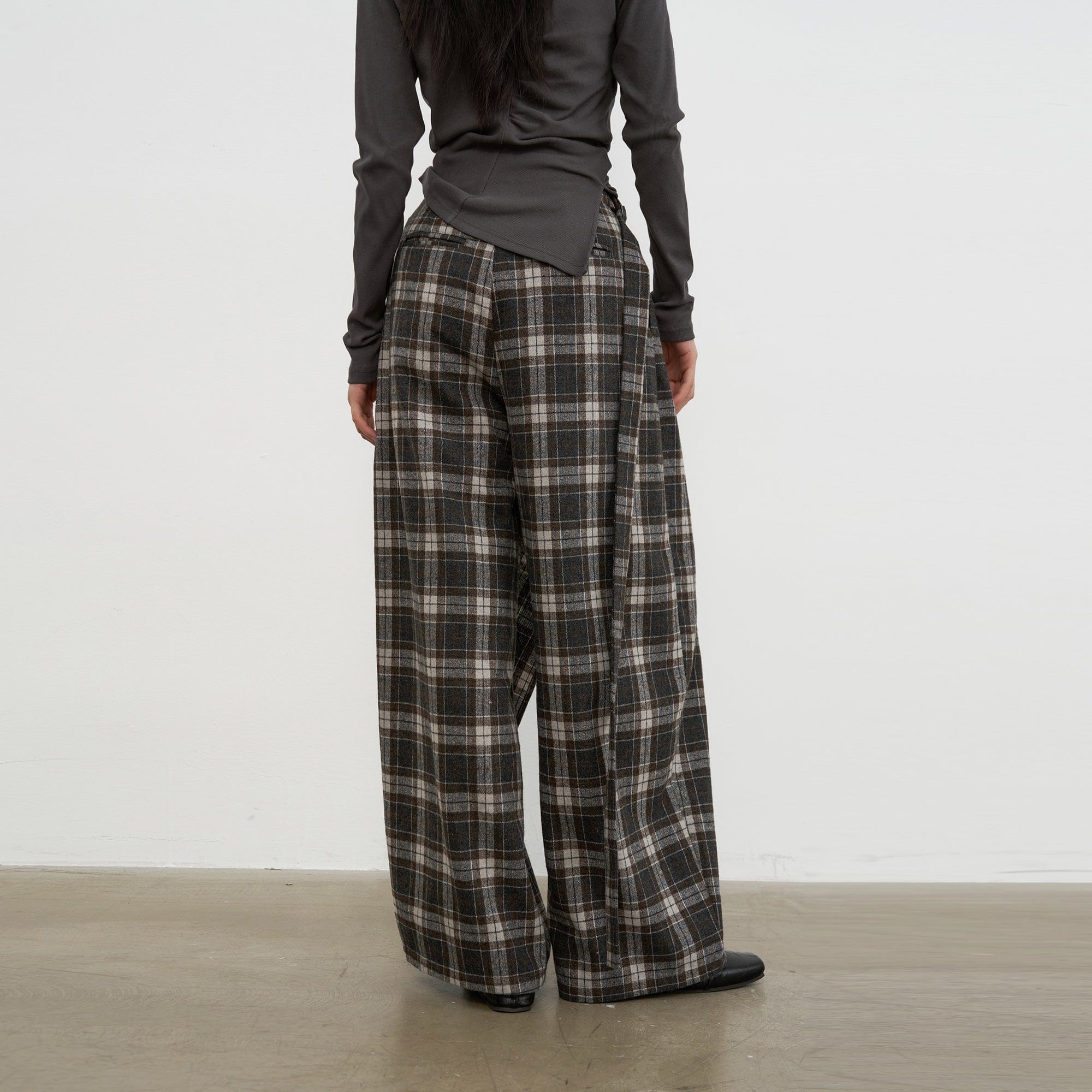 SAME FLOW Asym Plaid Wrap-Layered Wide Leg Culottes