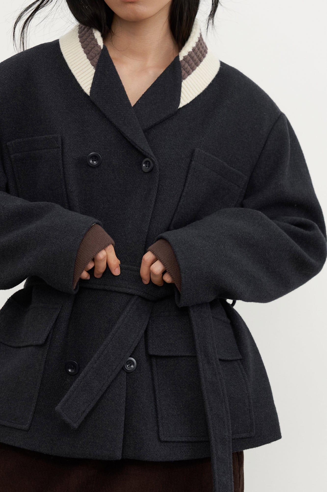 SAME FLOW Contrast Knit Collar Belt Wool-Blend Jacket