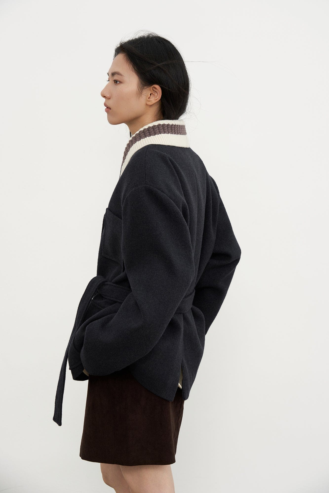 SAME FLOW Contrast Knit Collar Belt Wool-Blend Jacket