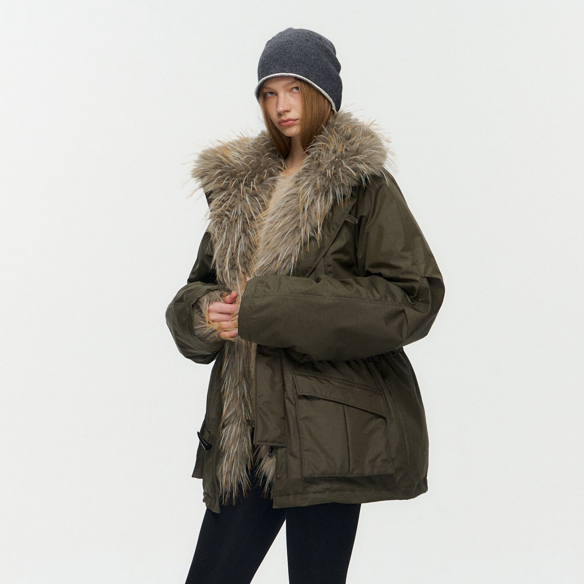 10AMSOTIIIIIIRED Detachable Faux Fur Collar Cinched-Waist Down Parka