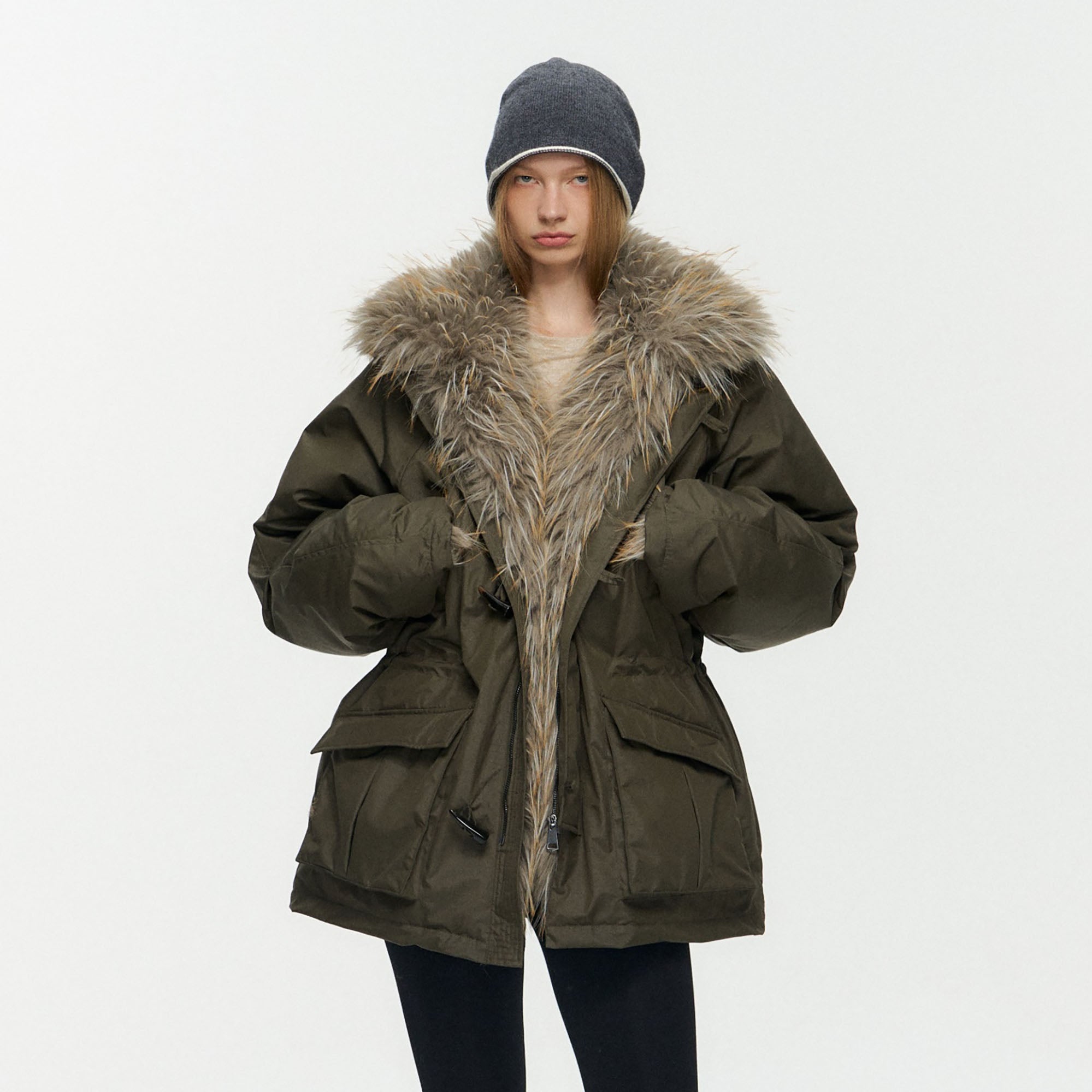 10AMSOTIIIIIIRED Detachable Faux Fur Collar Cinched-Waist Down Parka