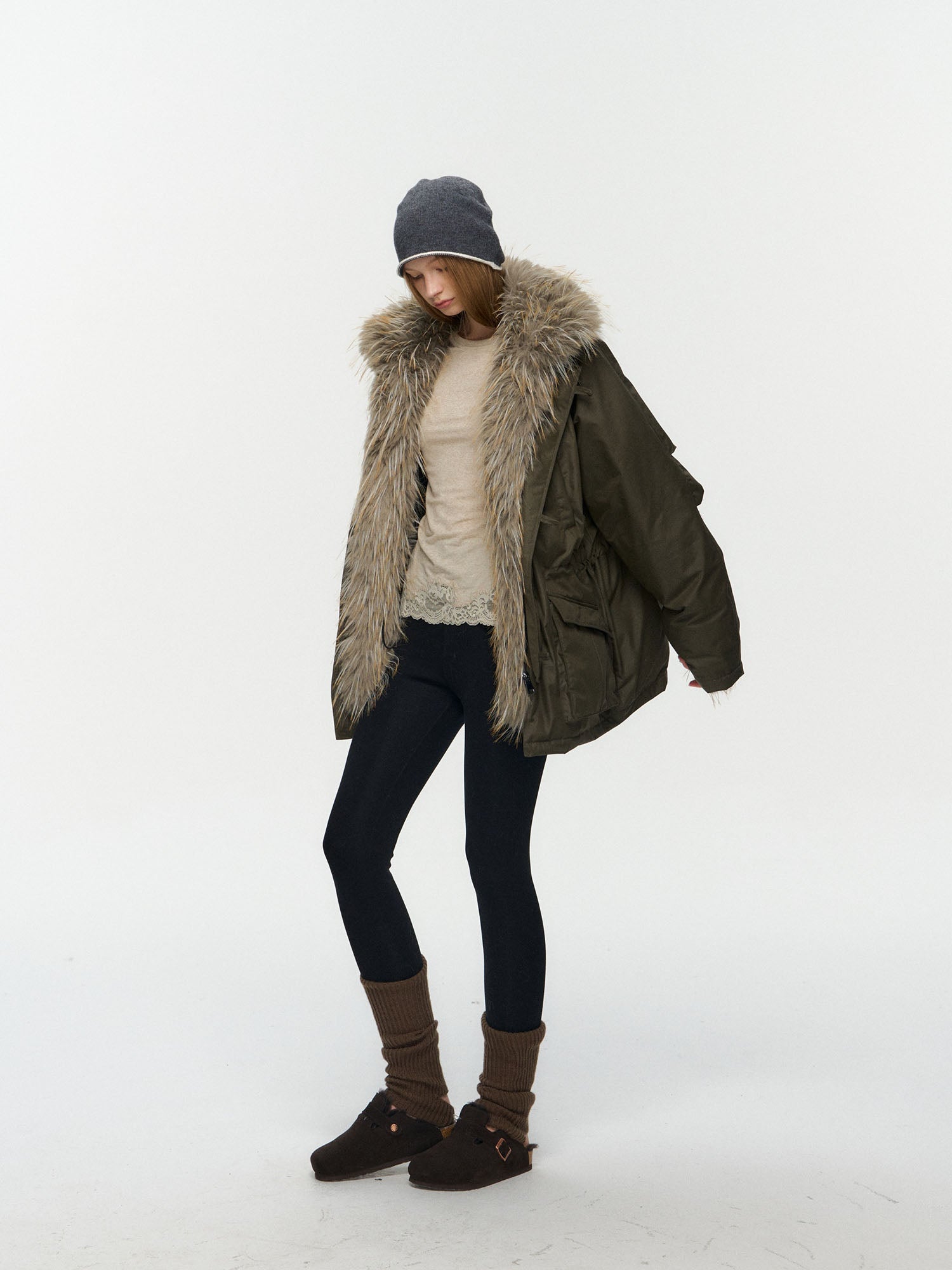 10AMSOTIIIIIIRED Detachable Faux Fur Collar Cinched-Waist Down Parka