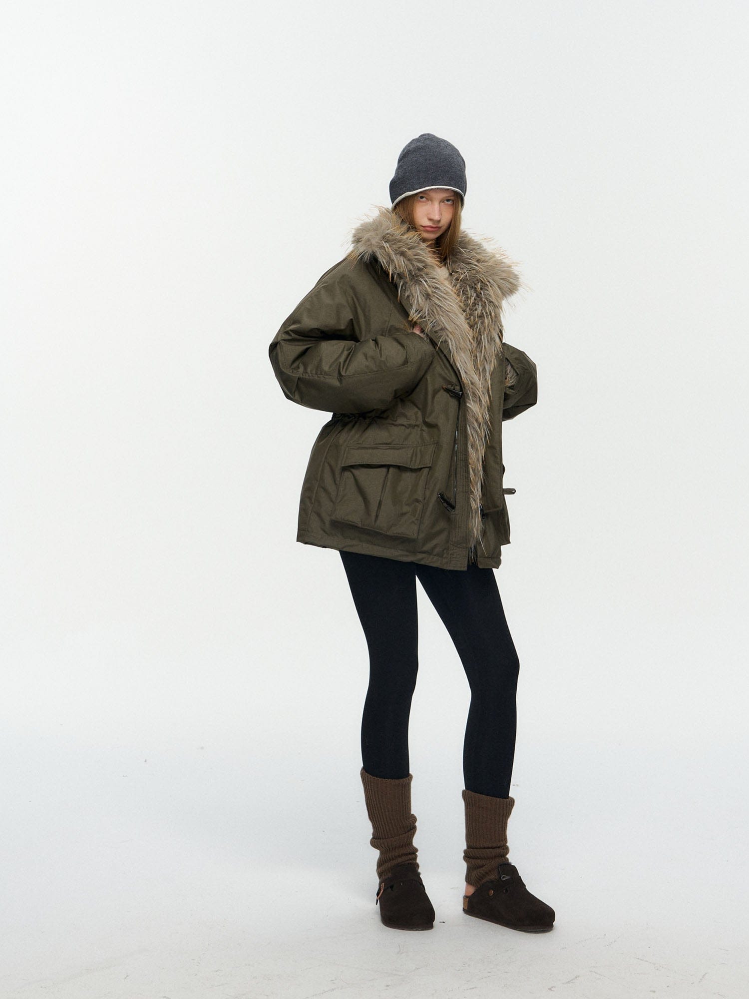 10AMSOTIIIIIIRED Detachable Faux Fur Collar Cinched-Waist Down Parka