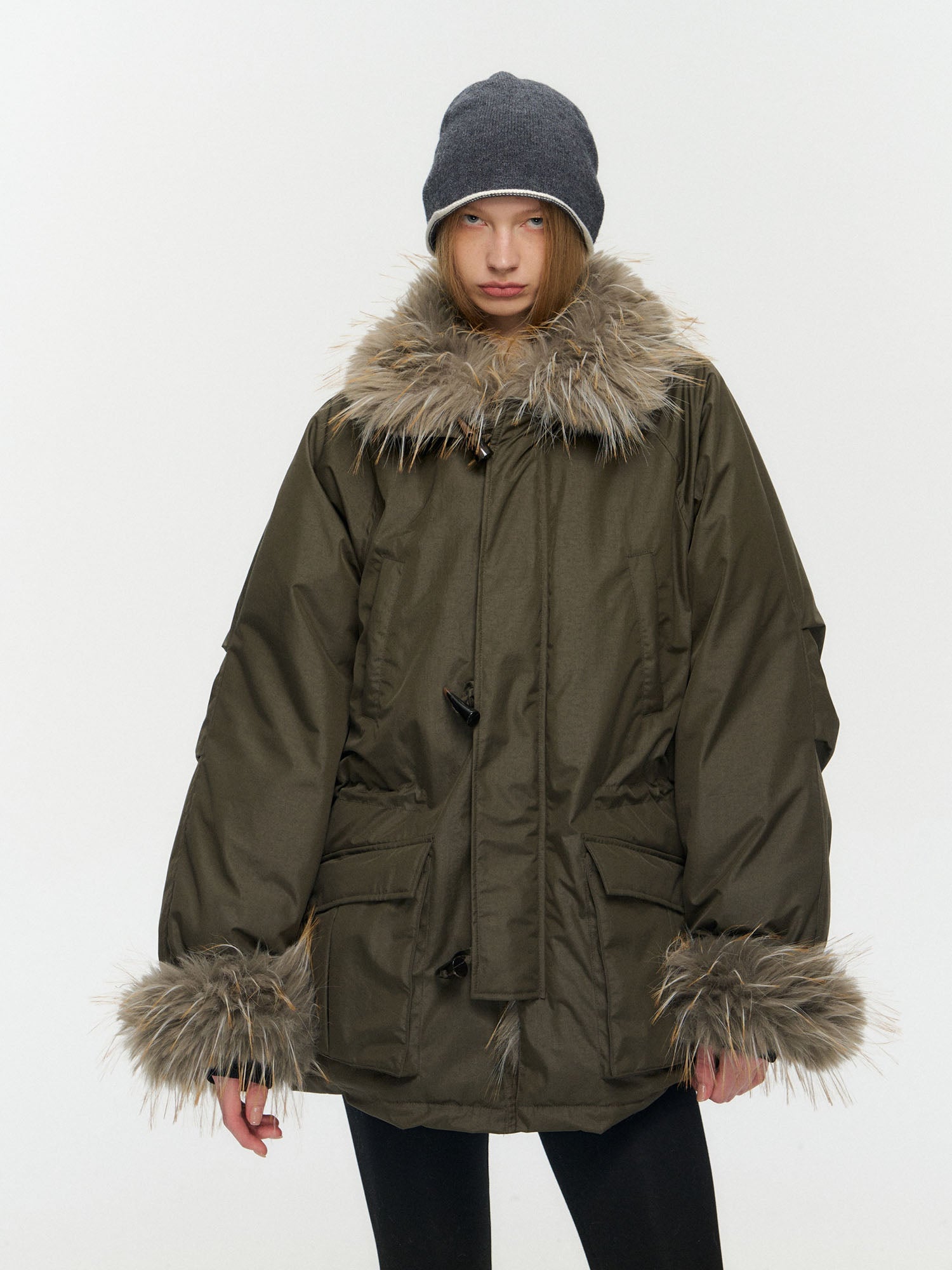 10AMSOTIIIIIIRED Detachable Faux Fur Collar Cinched-Waist Down Parka