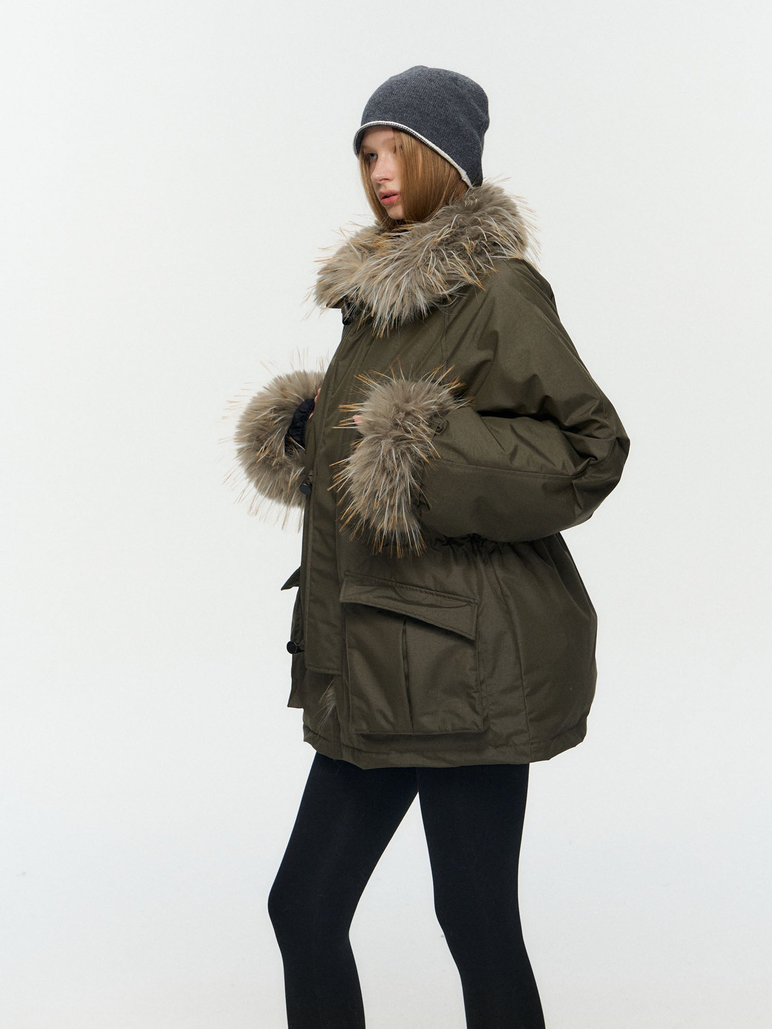 10AMSOTIIIIIIRED Detachable Faux Fur Collar Cinched-Waist Down Parka