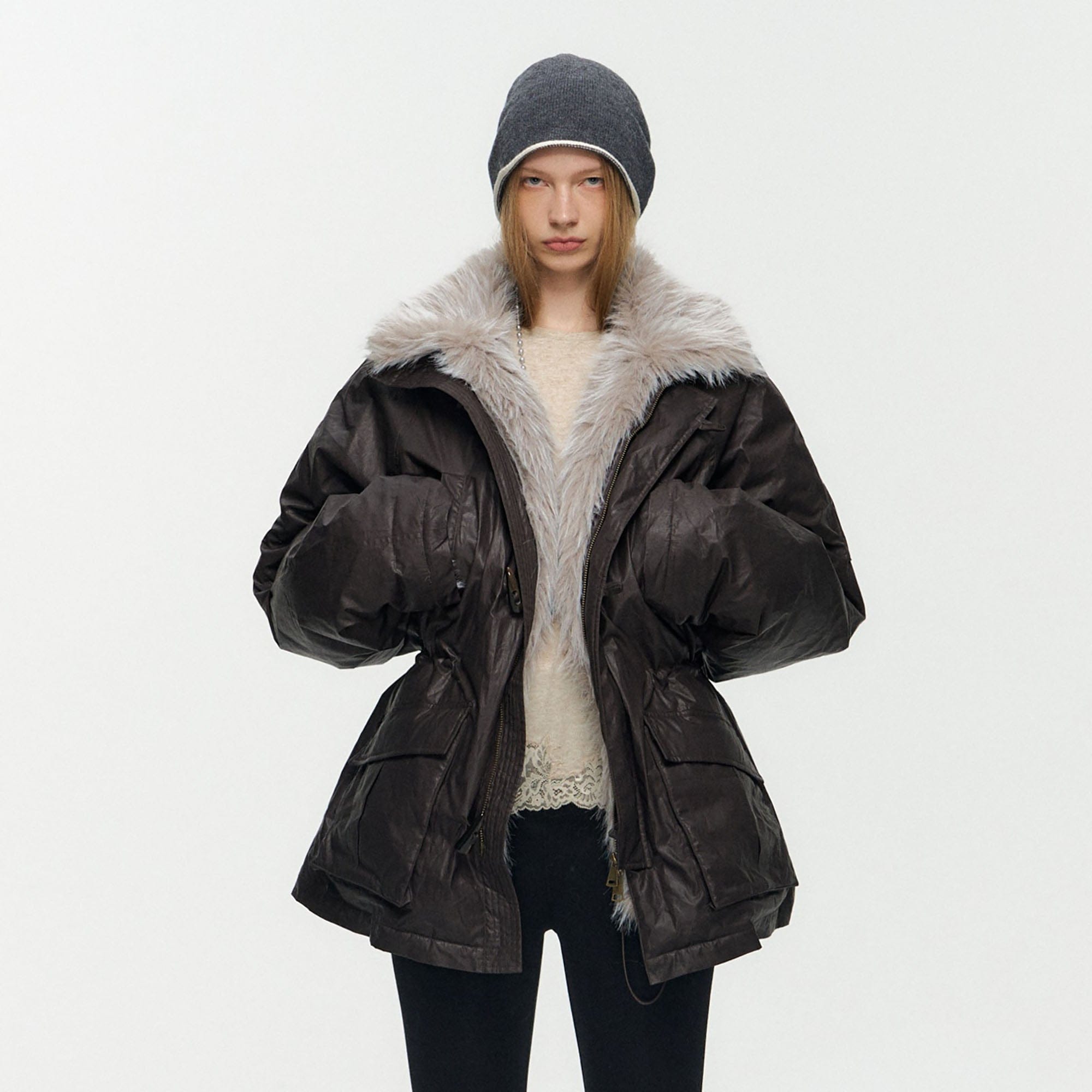 10AMSOTIIIIIIRED Detachable Faux Fur Collar Cinched-Waist Down Parka