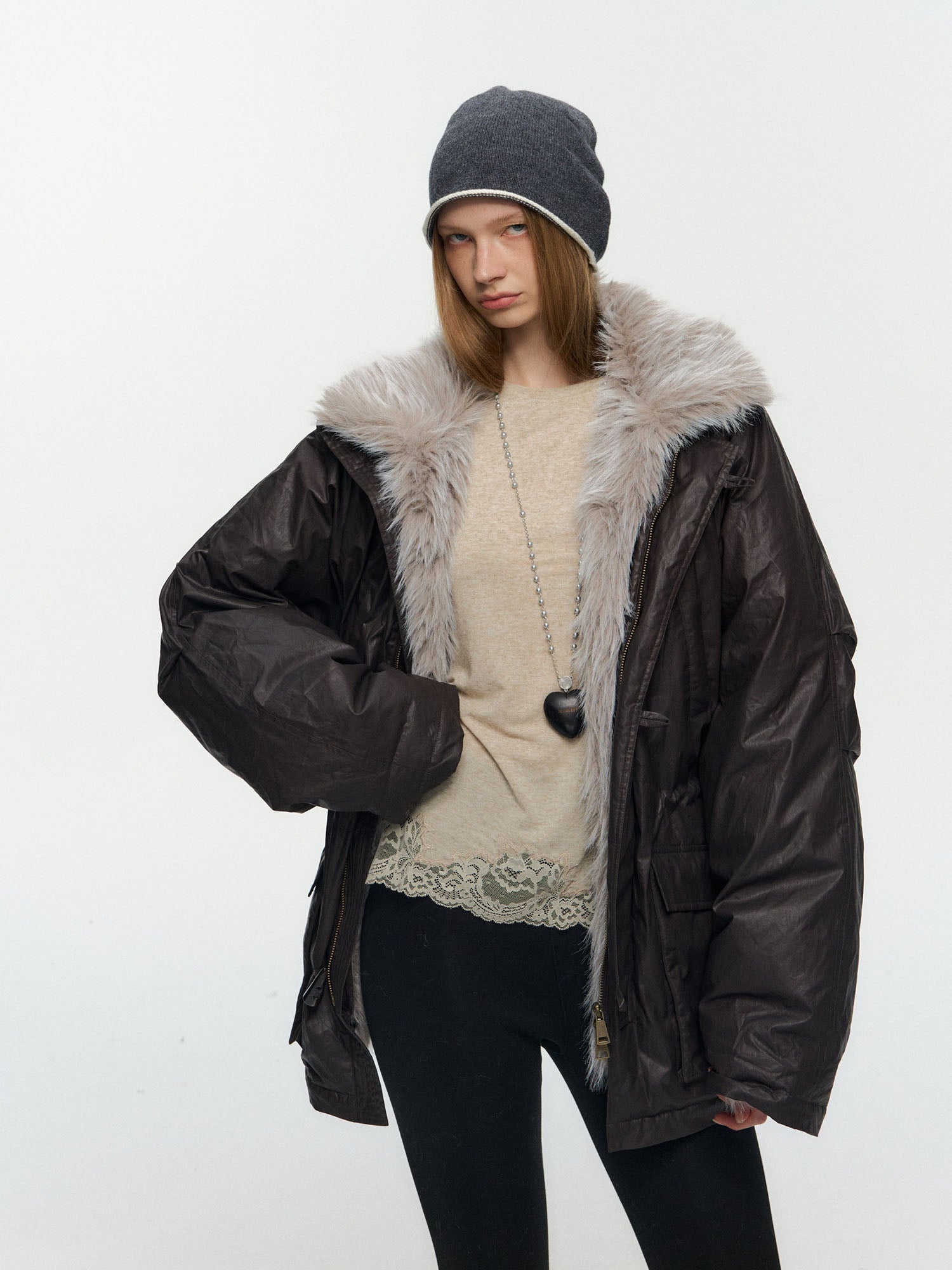 10AMSOTIIIIIIRED Detachable Faux Fur Collar Cinched-Waist Down Parka