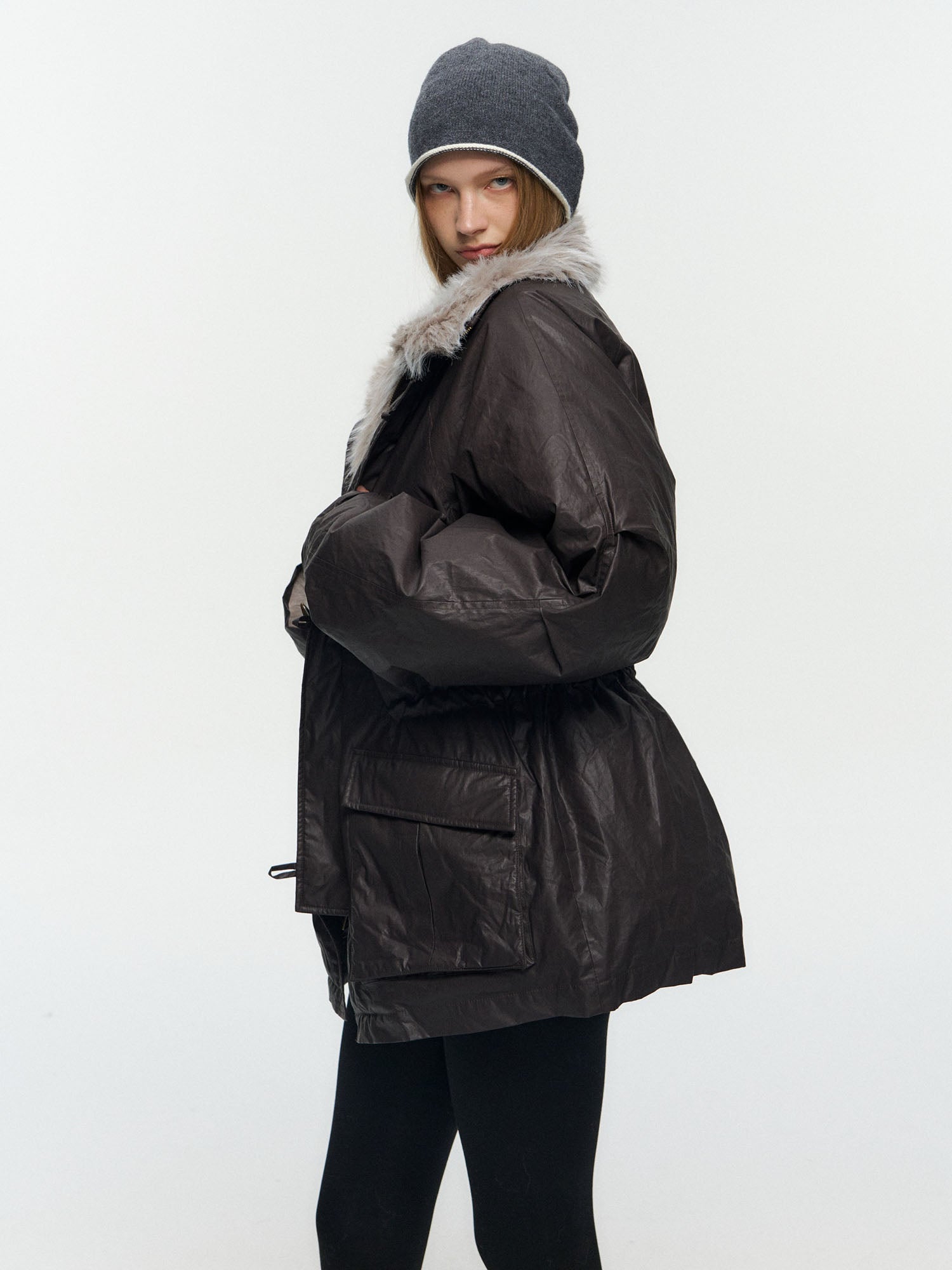 10AMSOTIIIIIIRED Detachable Faux Fur Collar Cinched-Waist Down Parka