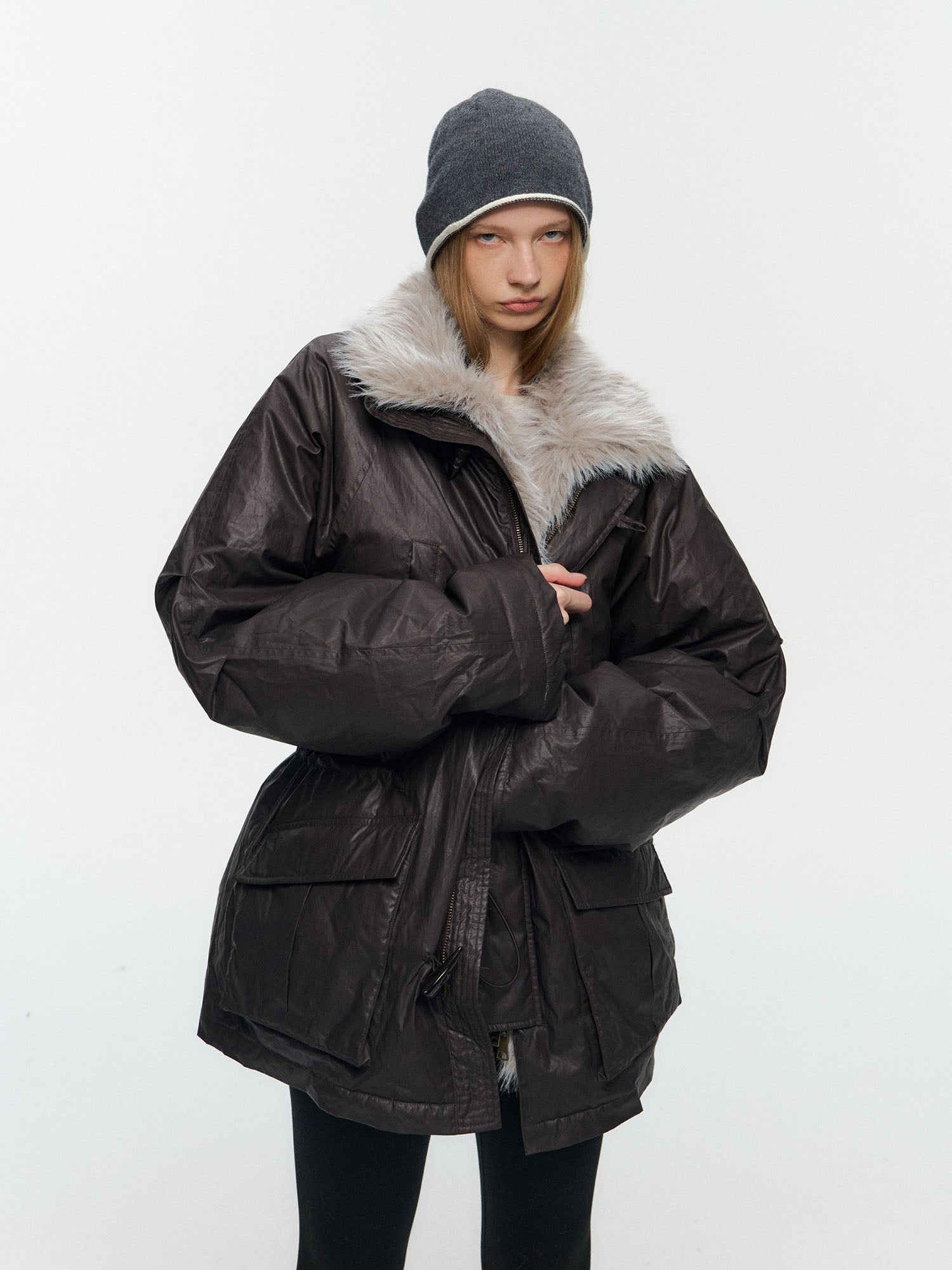 10AMSOTIIIIIIRED Detachable Faux Fur Collar Cinched-Waist Down Parka