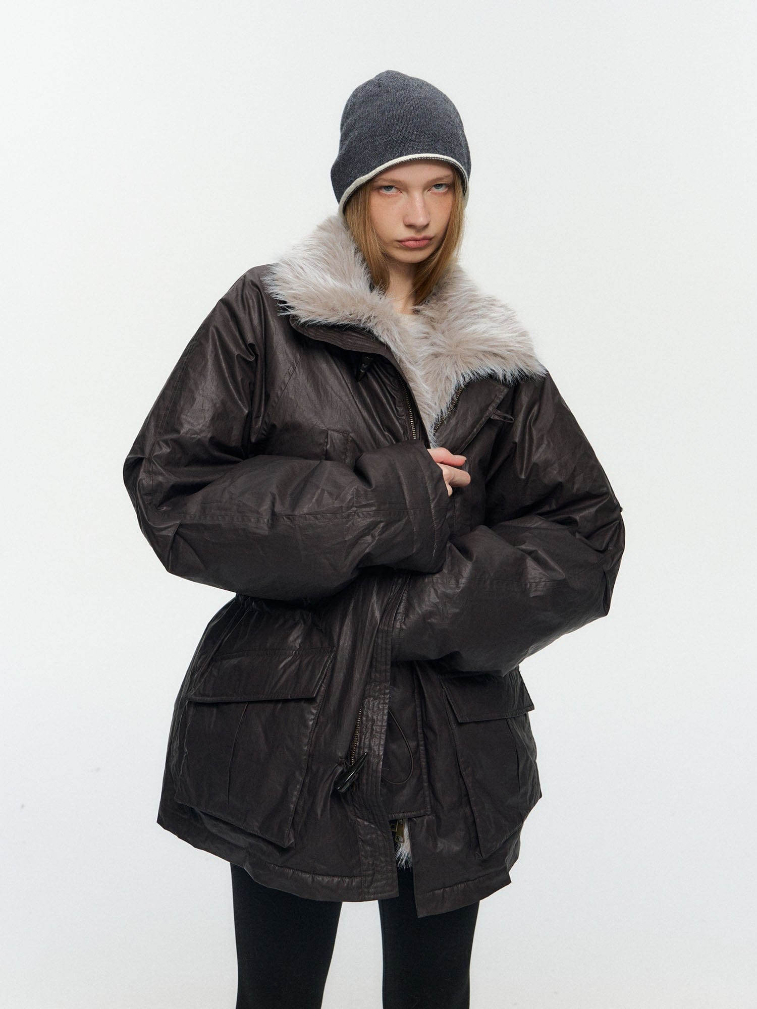 10AMSOTIIIIIIRED Detachable Faux Fur Collar Cinched-Waist Down Parka