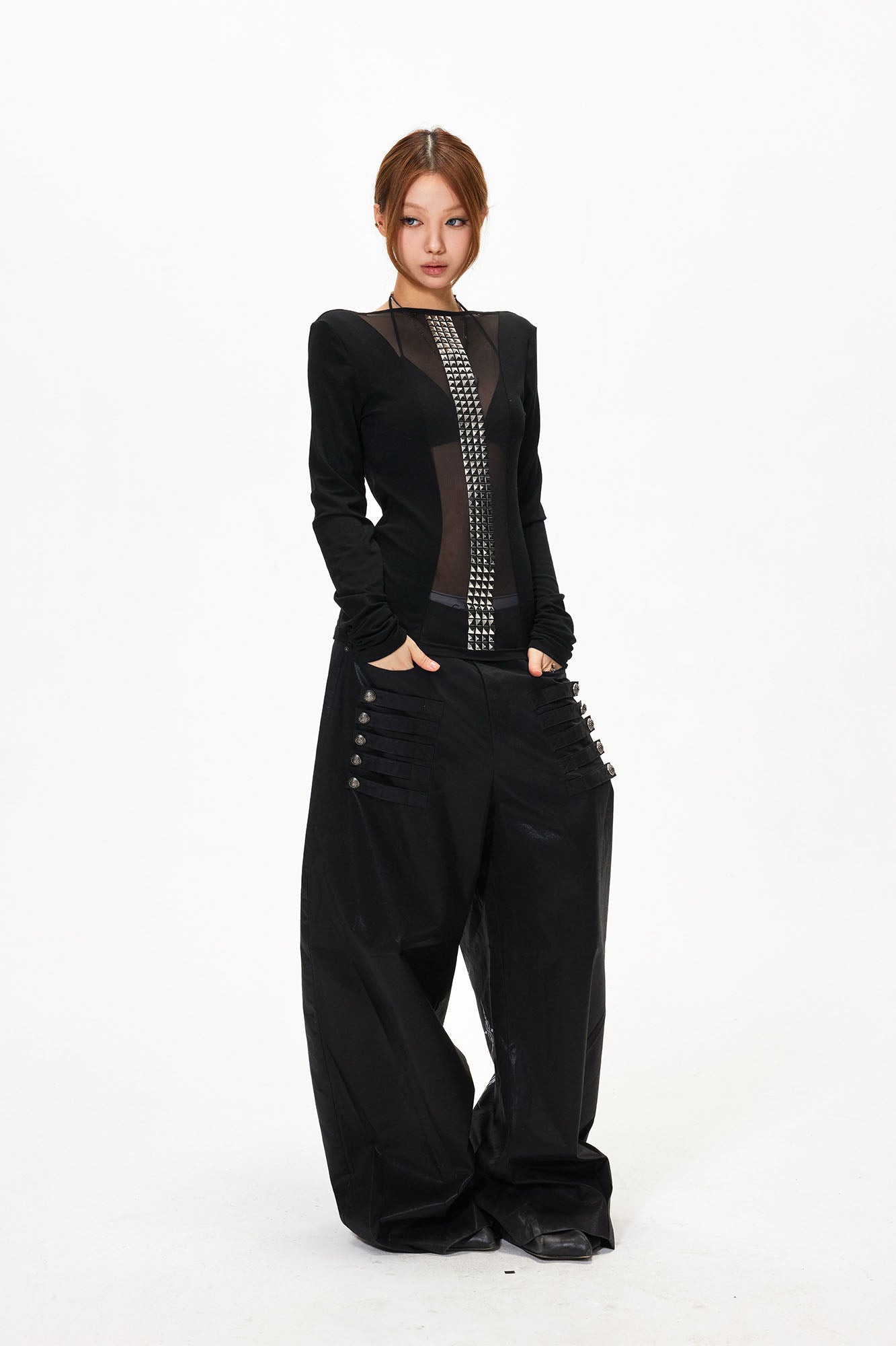 3MODE Sheer Slim Studded Long-Sleeve Tee