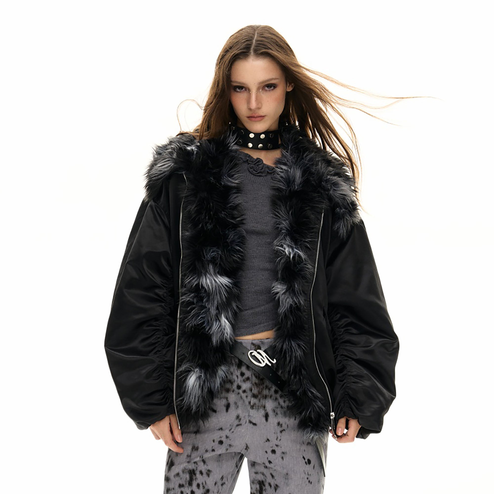 10AMSOTIIIIIIRED Detachable Faux Fur-Trim Glossy Down Jacket