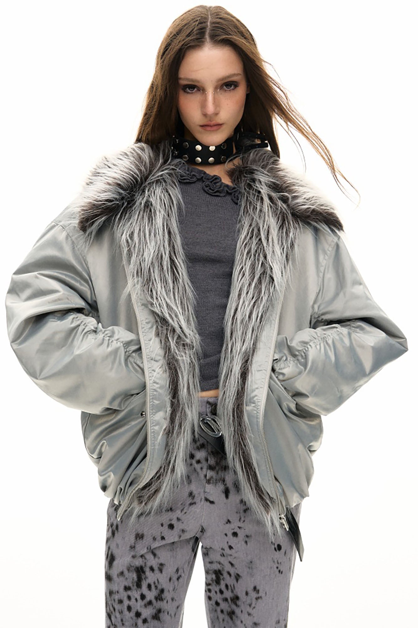 10AMSOTIIIIIIRED Detachable Faux Fur-Trim Glossy Down Jacket