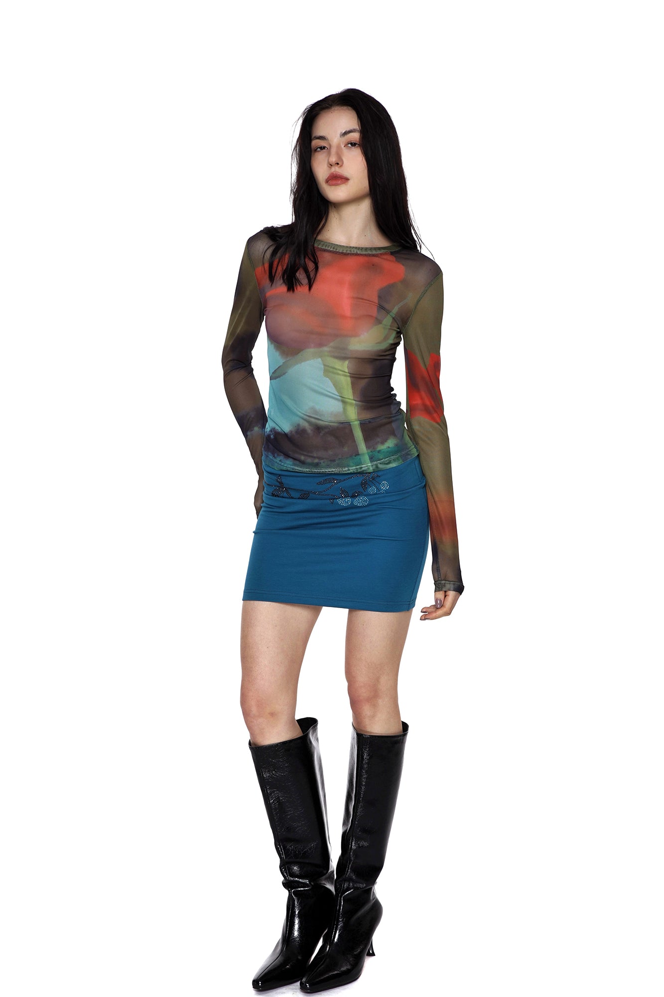 SCARLET SAGE Rose Full-Print Mesh Long-Sleeve Tee
