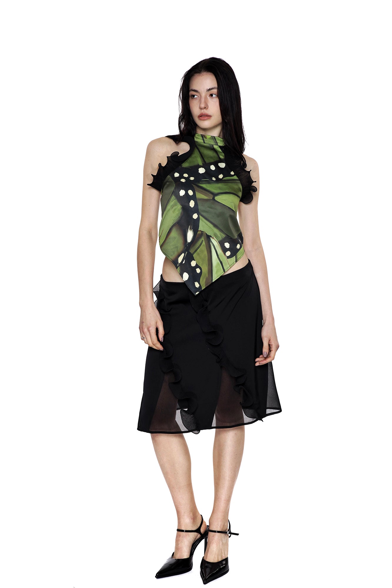 SCARLET SAGE Butterfly Graphic Satin Halter Top