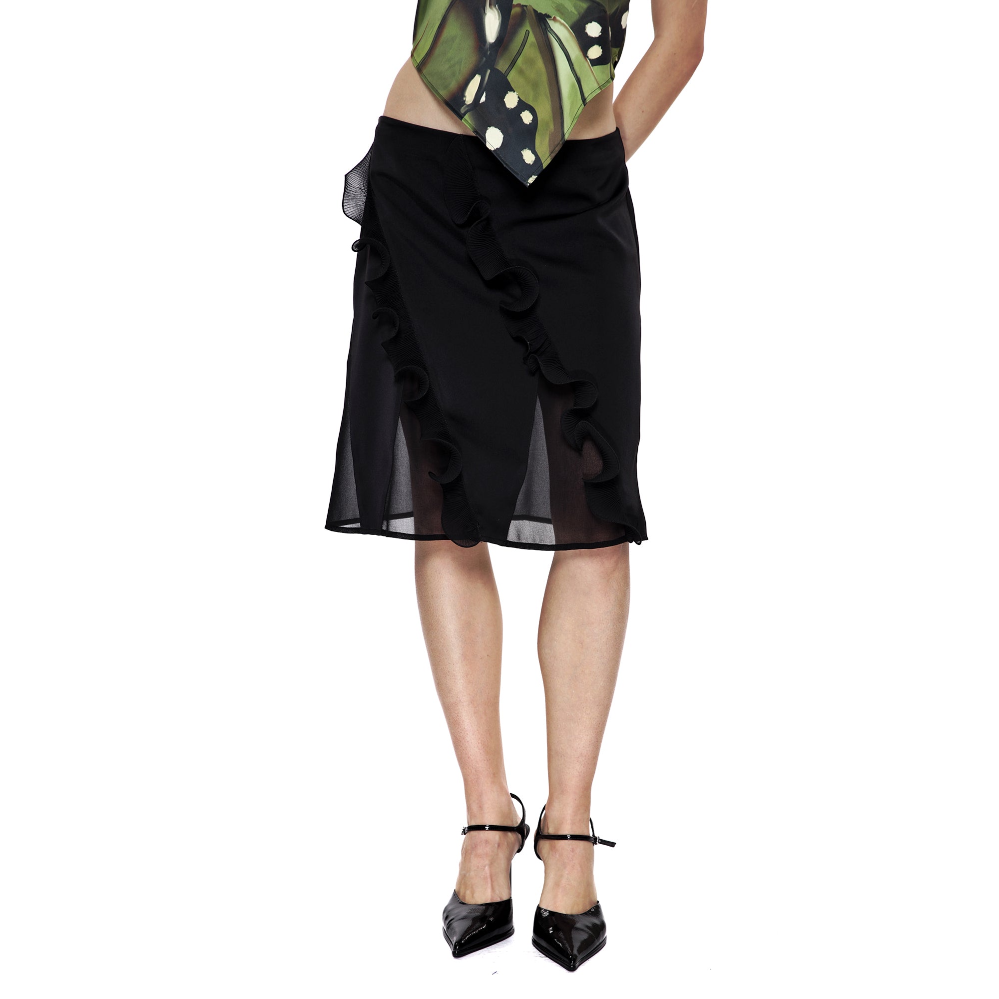 SCARLET SAGE Ruffle-Trim Satin Spliced Skirt