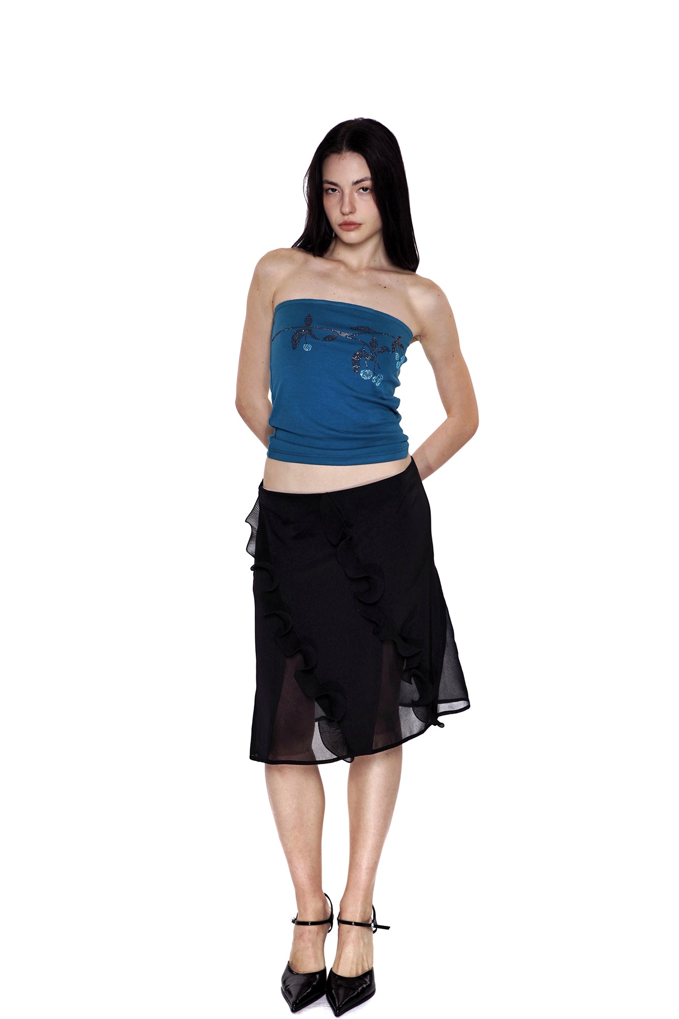 SCARLET SAGE Ruffle-Trim Satin Spliced Skirt