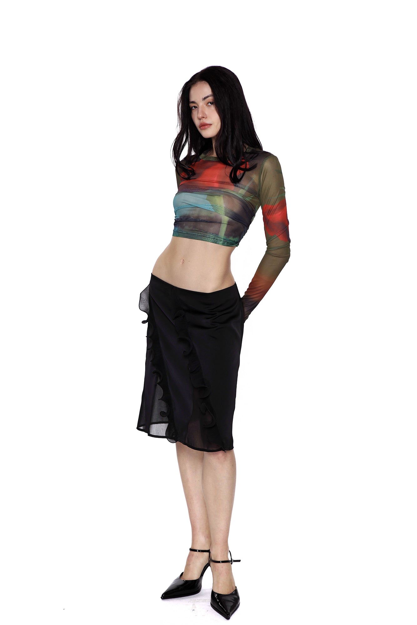 SCARLET SAGE Ruffle-Trim Satin Spliced Skirt