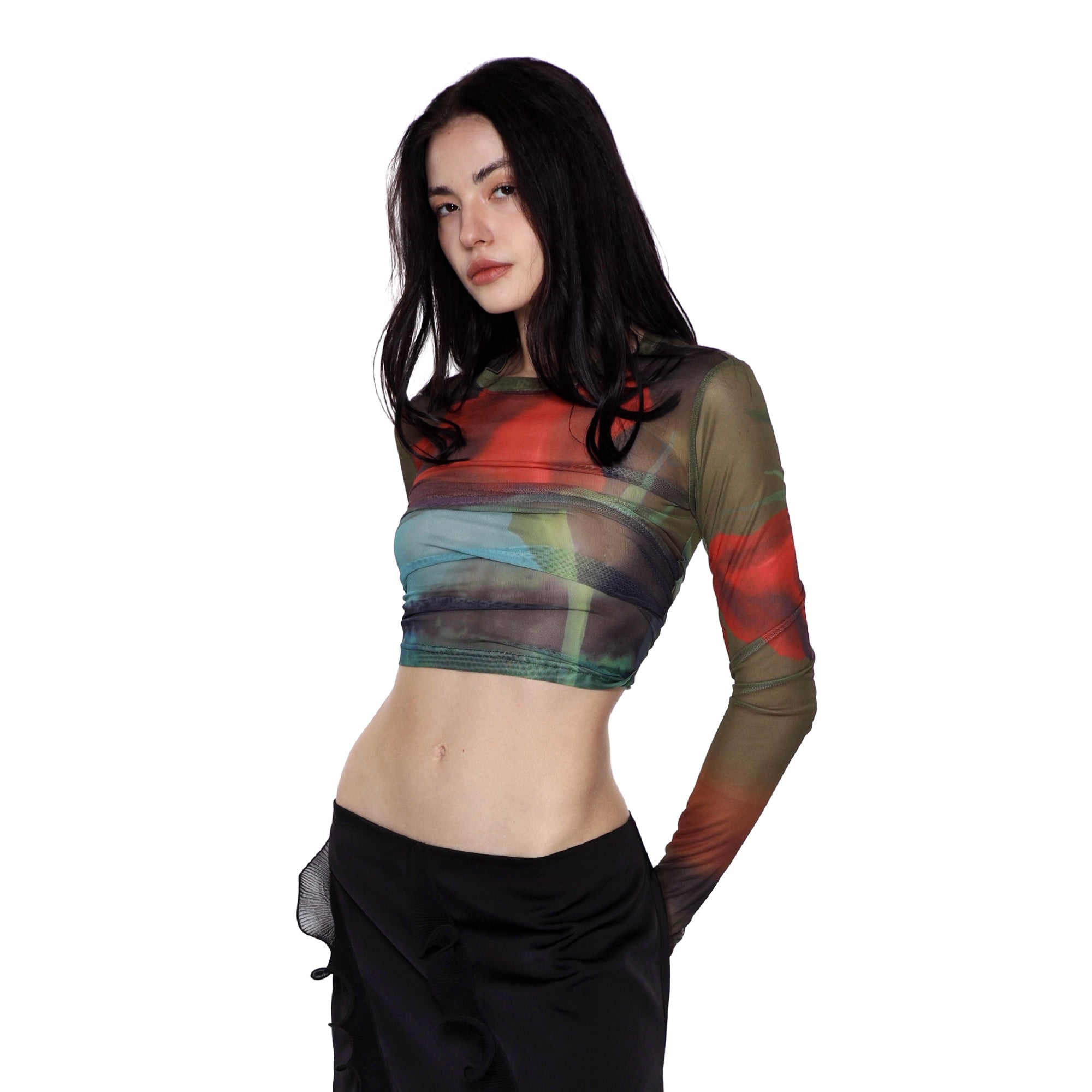SCARLET SAGE Rose Full-Print Mesh Long-Sleeve Tee
