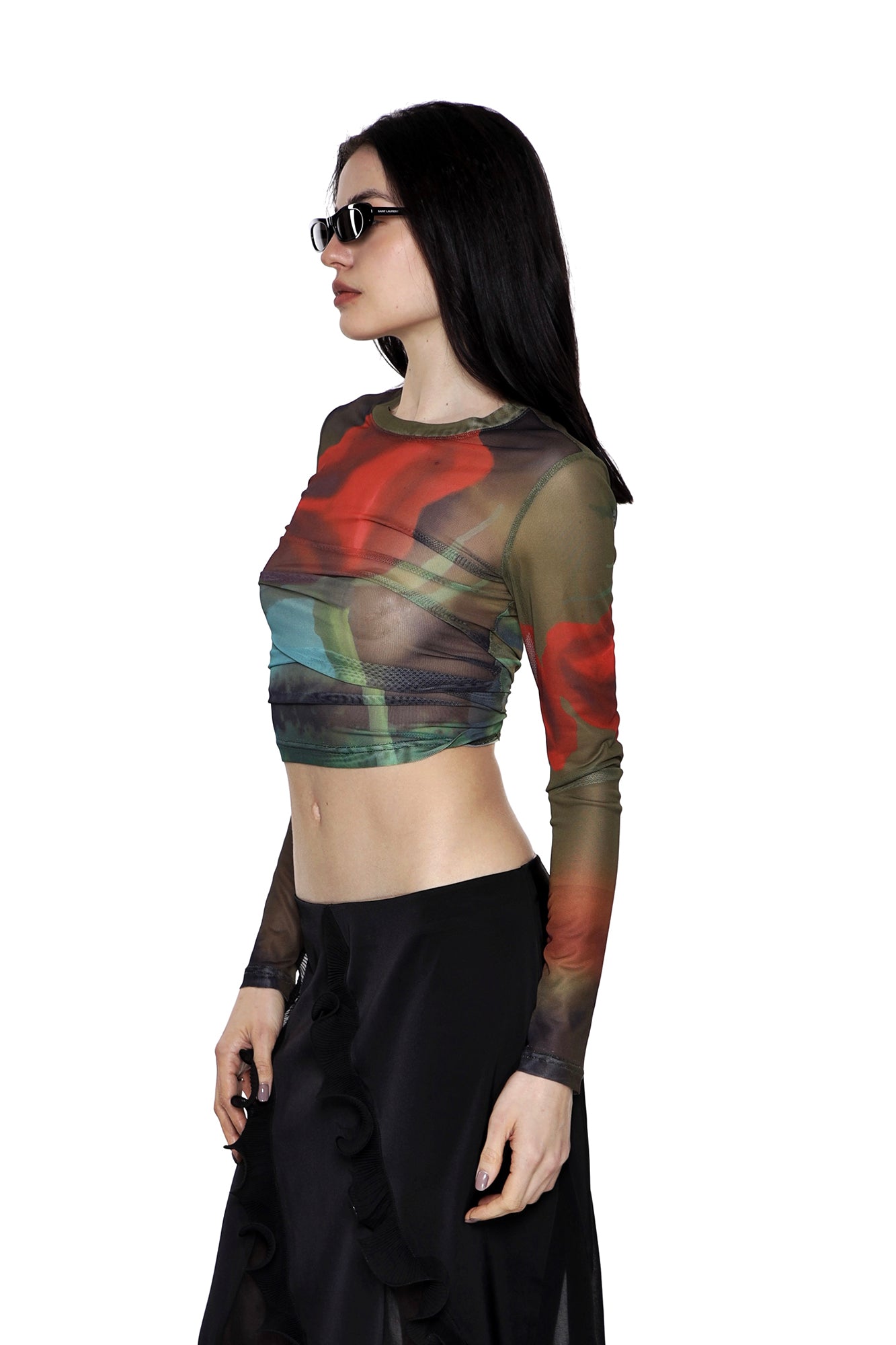 SCARLET SAGE Rose Full-Print Mesh Long-Sleeve Tee