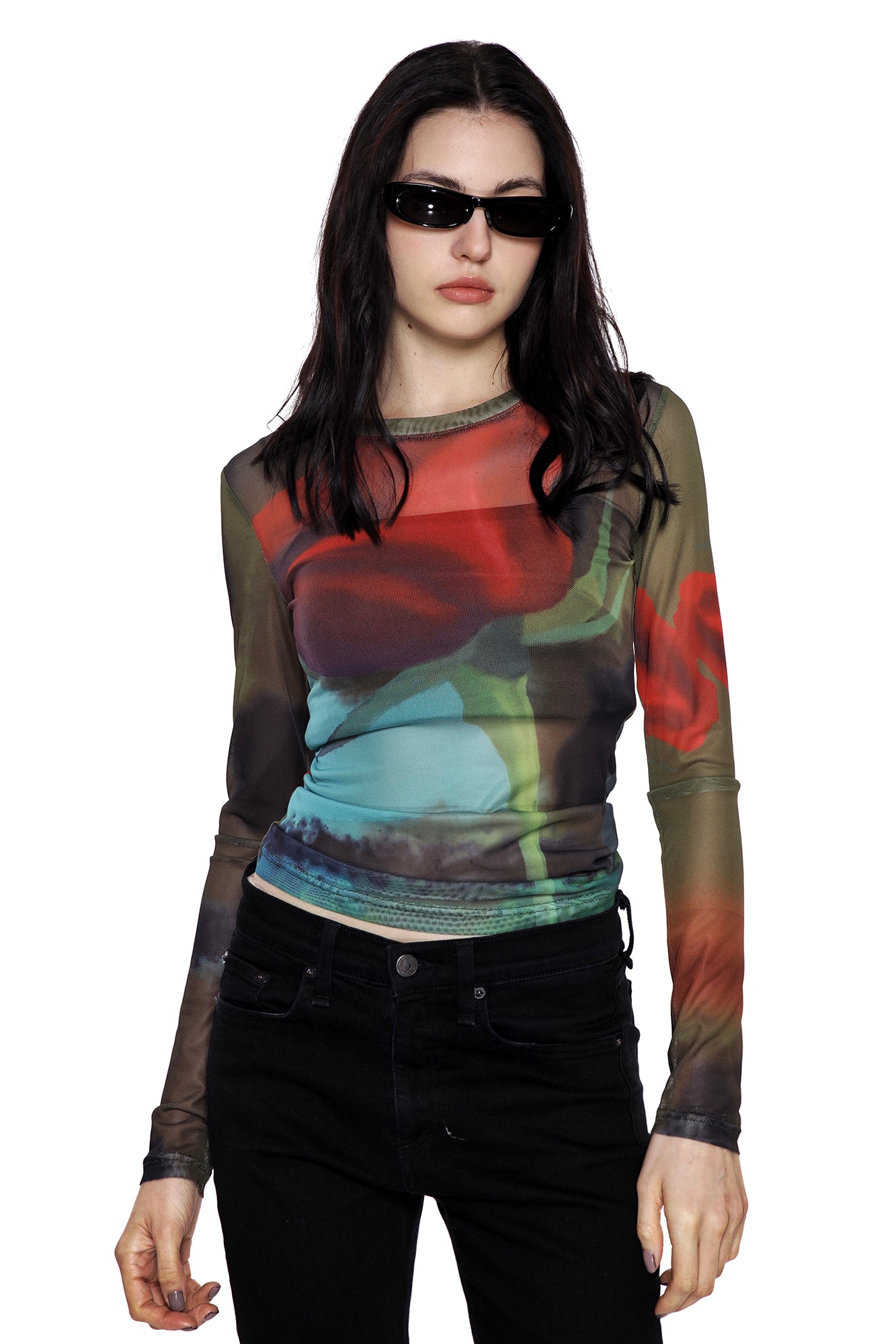 SCARLET SAGE Rose Full-Print Mesh Long-Sleeve Tee