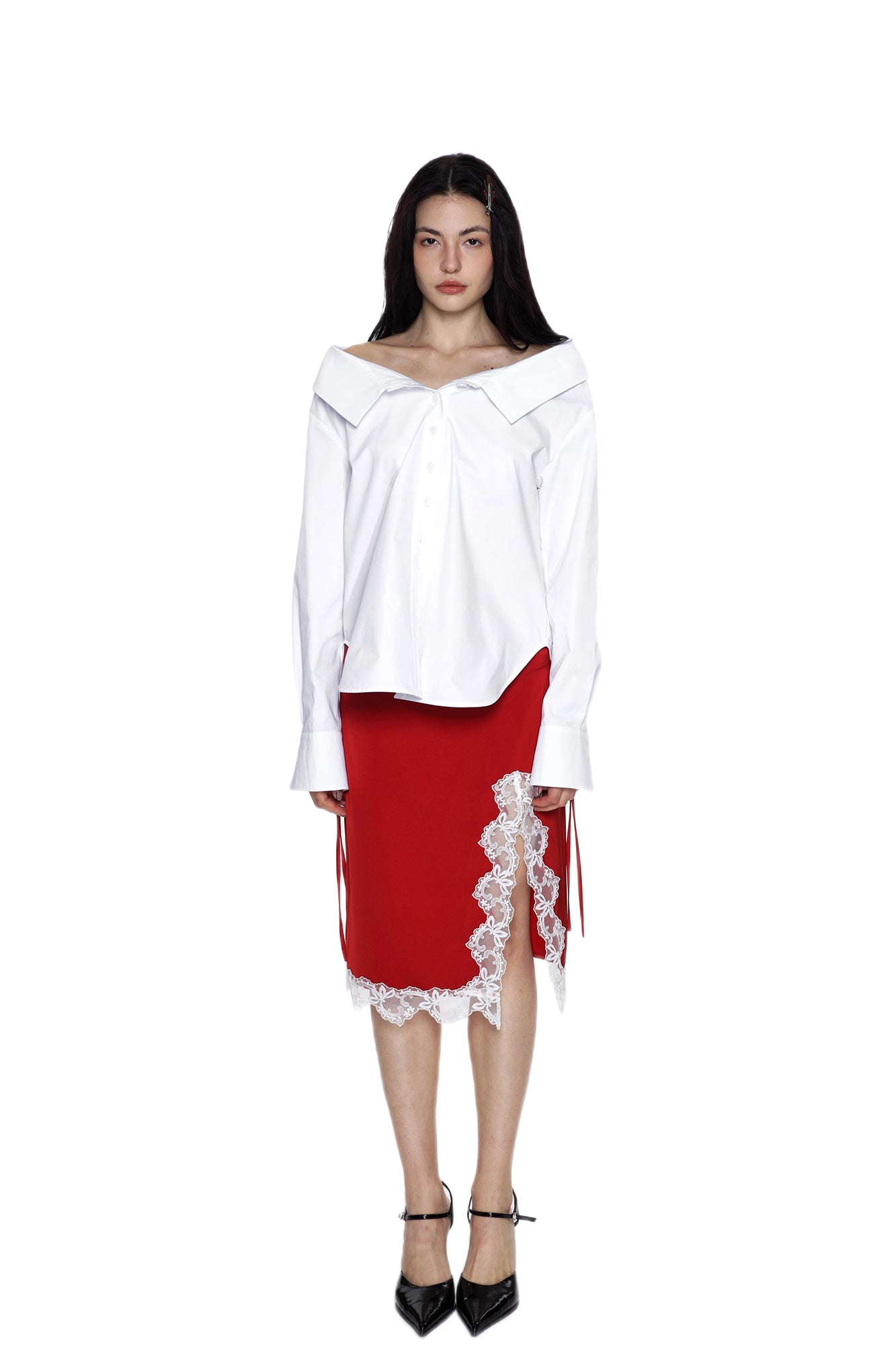 SCARLET SAGE Oversized-Collar Off-Shoulder Shirt