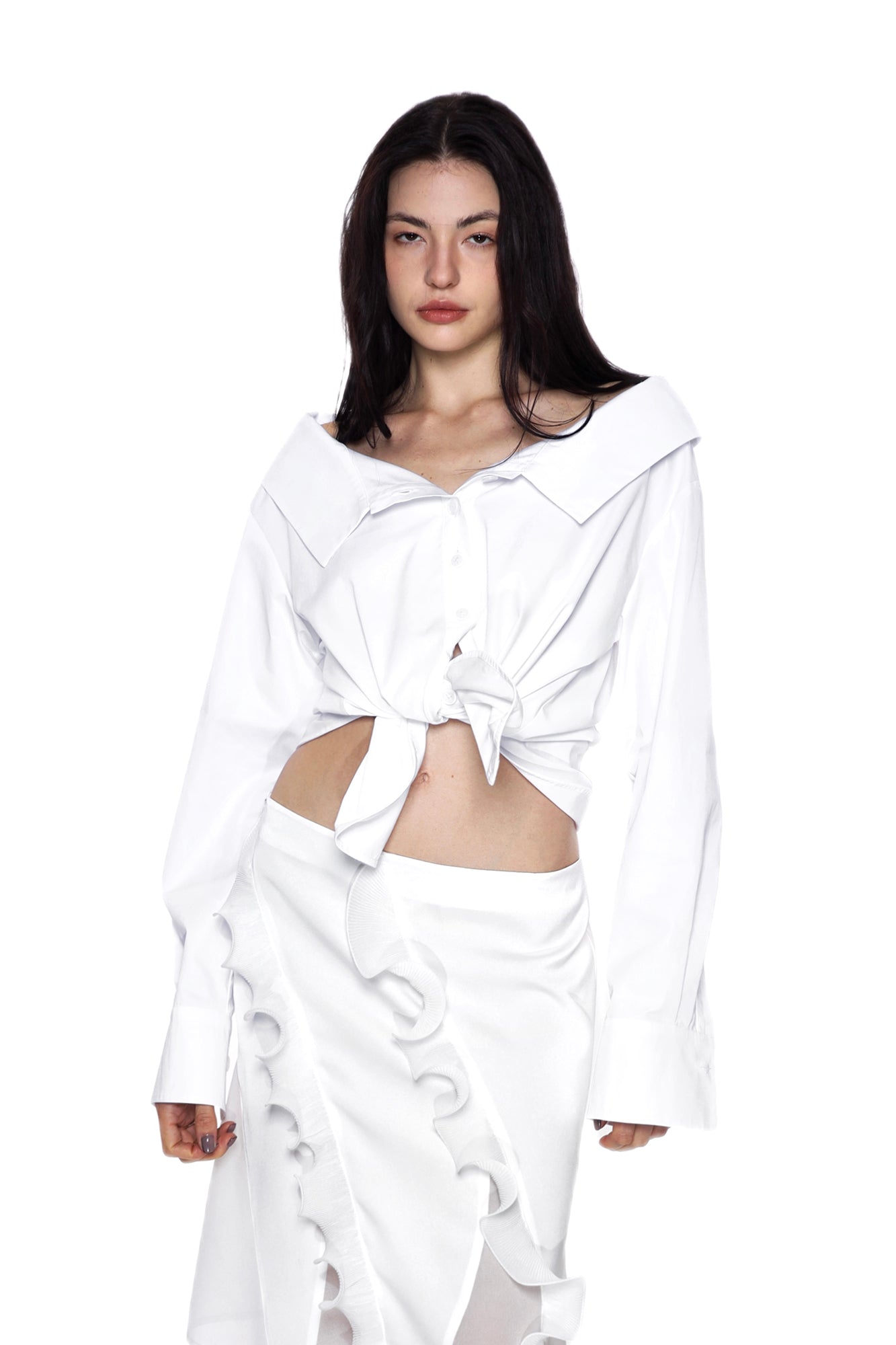 SCARLET SAGE Oversized-Collar Off-Shoulder Shirt