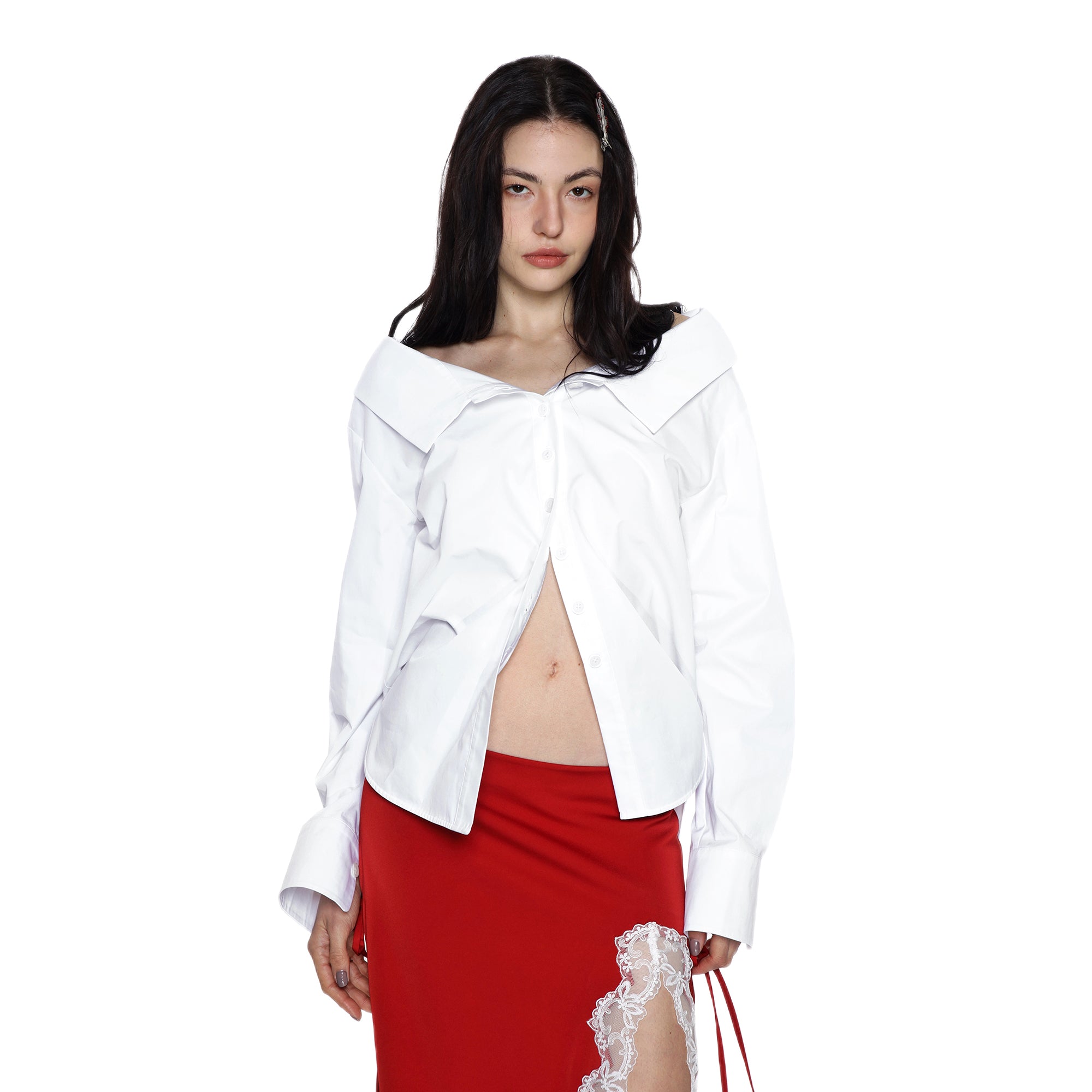SCARLET SAGE Oversized-Collar Off-Shoulder Shirt