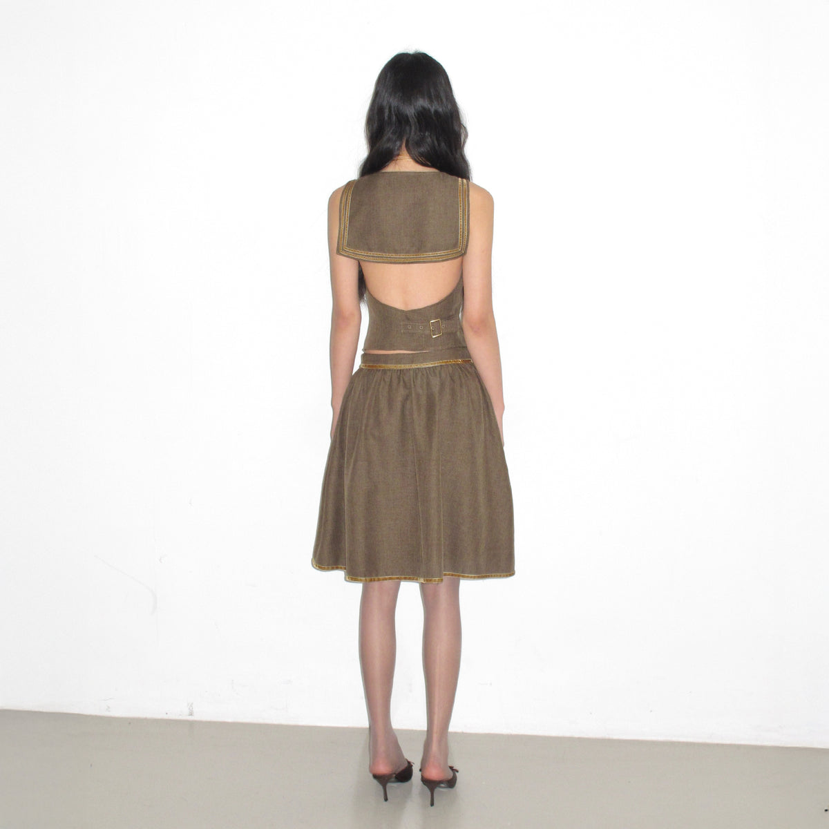 LVETONG Sailor-Collar Belted Vest & Gathered Skirt Set