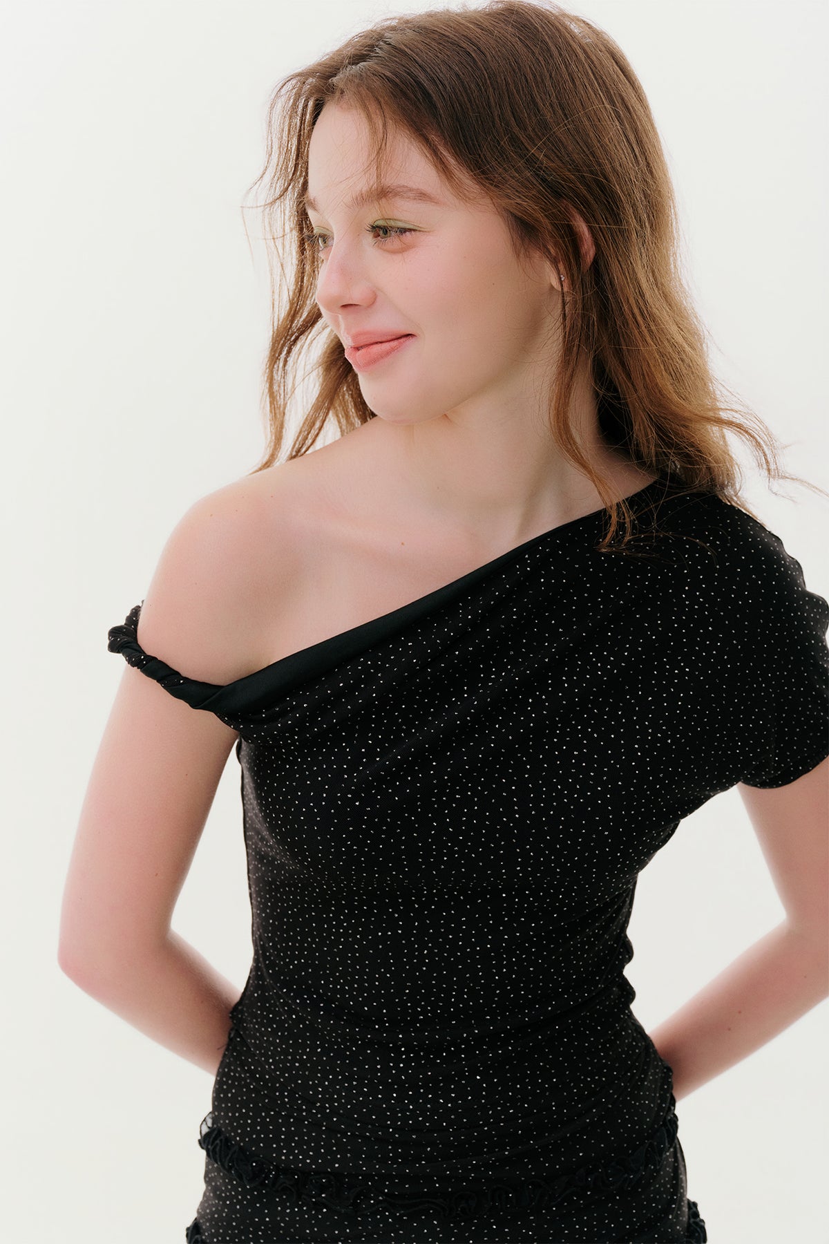 F1OS Sequin Asymmetric Off-Shoulder Top & Irregular Mini Skirt Set