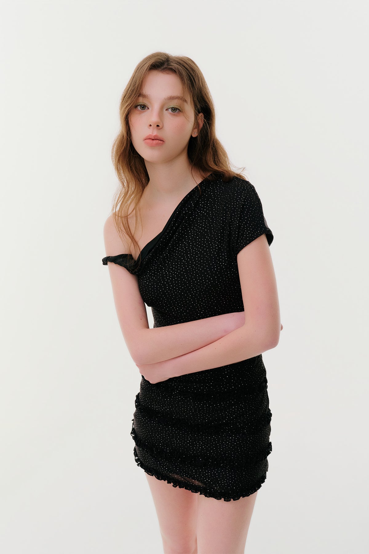 F1OS Sequin Asymmetric Off-Shoulder Top & Irregular Mini Skirt Set