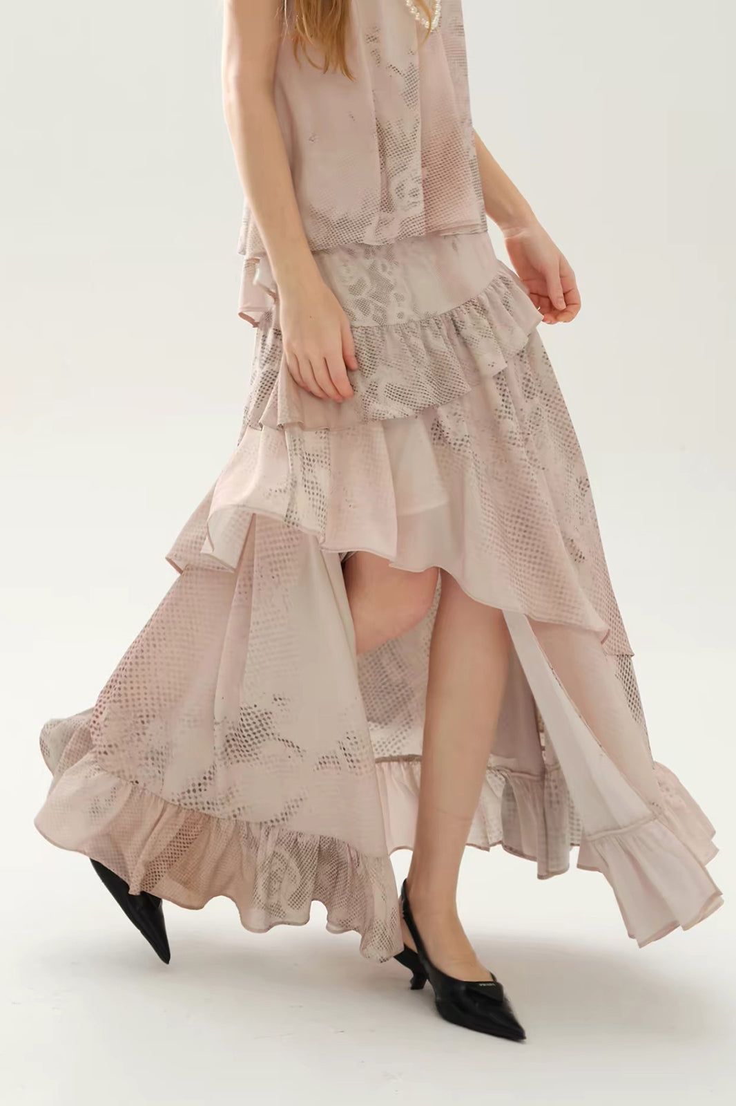 LAYERS Abstract Floral Tiered Side-Slit Maxi Skirt