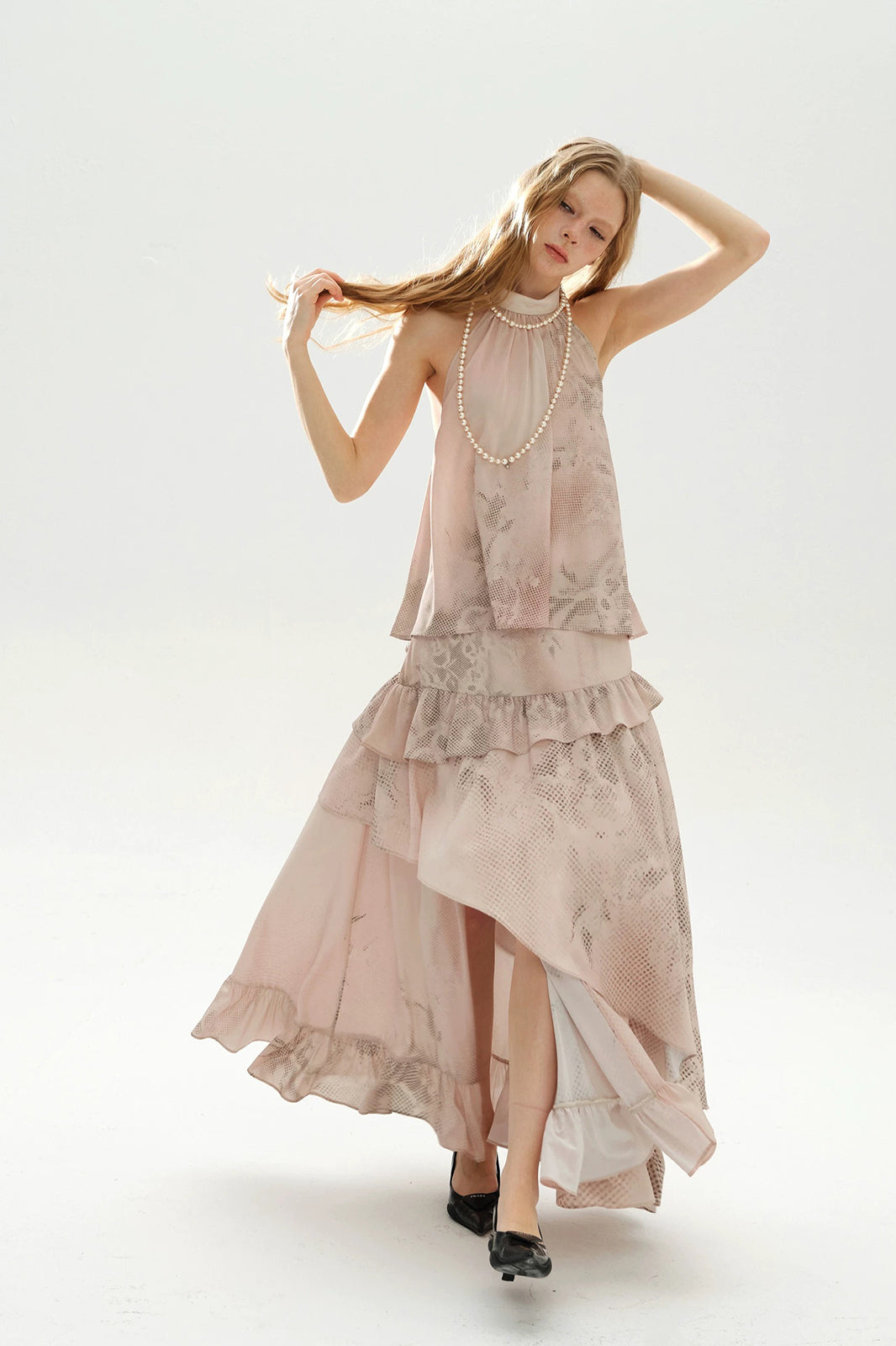 LAYERS Abstract Floral Tiered Side-Slit Maxi Skirt