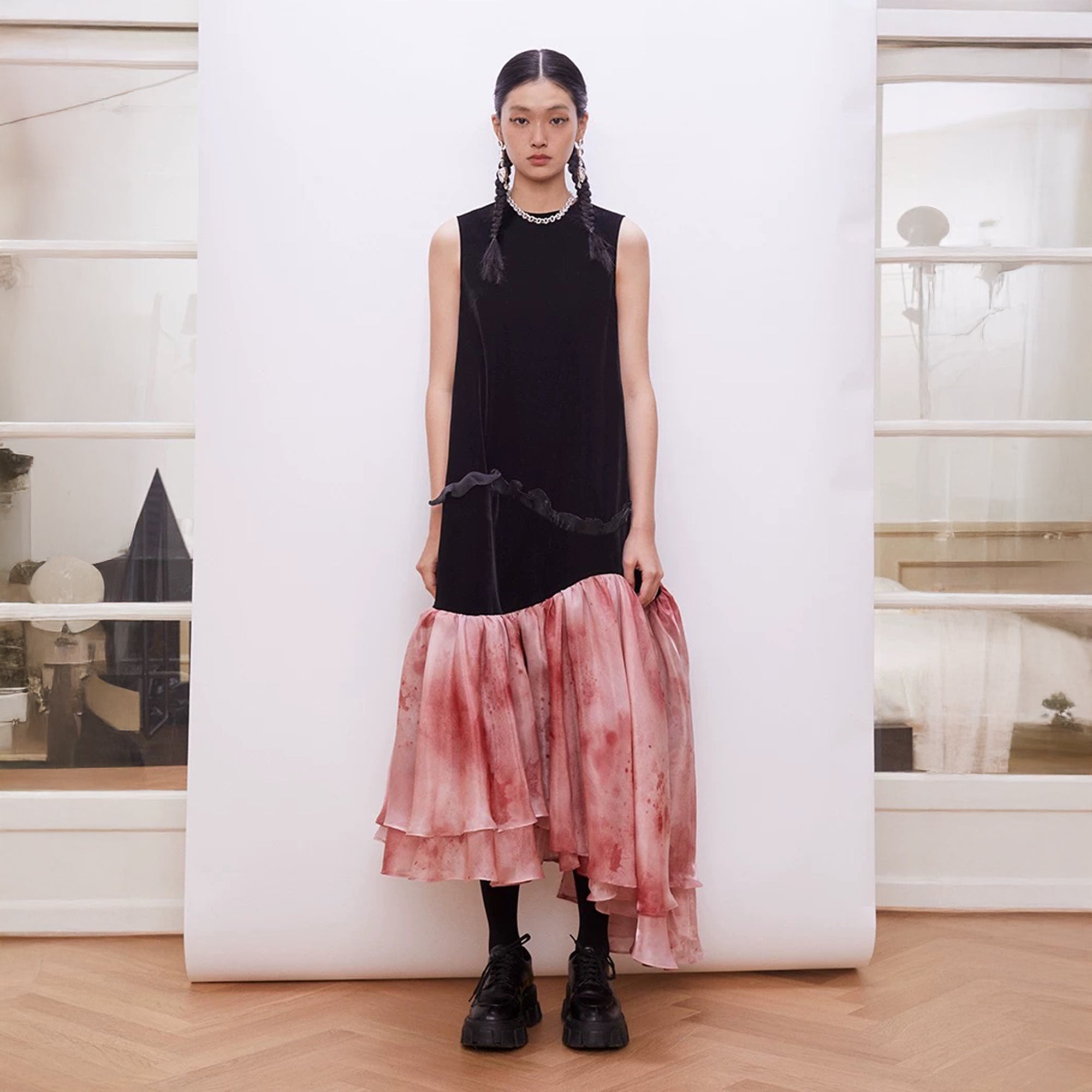LAYERS Asymmetrical Flounce-Hem Spliced Maxi Dress