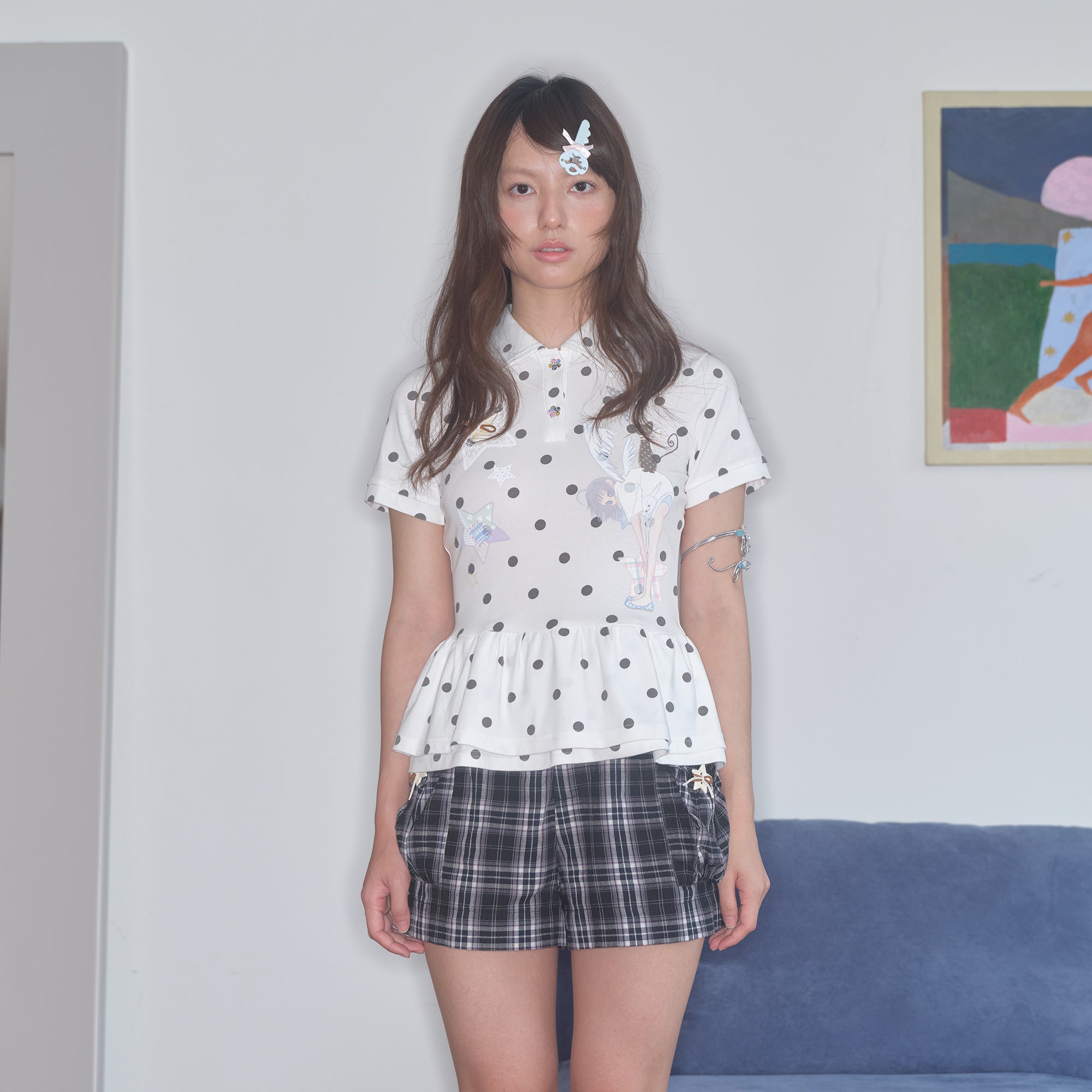 HAVE A MEAL × Congming Polka Dot Ruffle-Hem Polo Tee