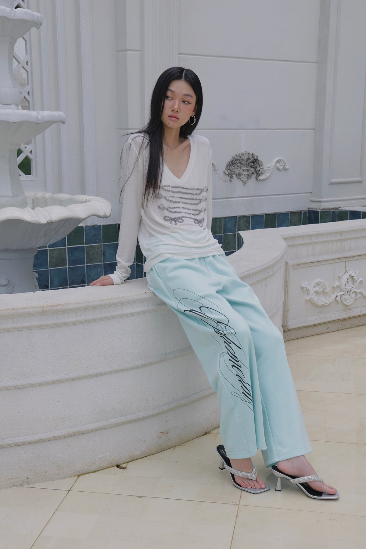 FAYCHUI Graphic Lace-Pocket Wide-Leg Sweatpants Mint Green