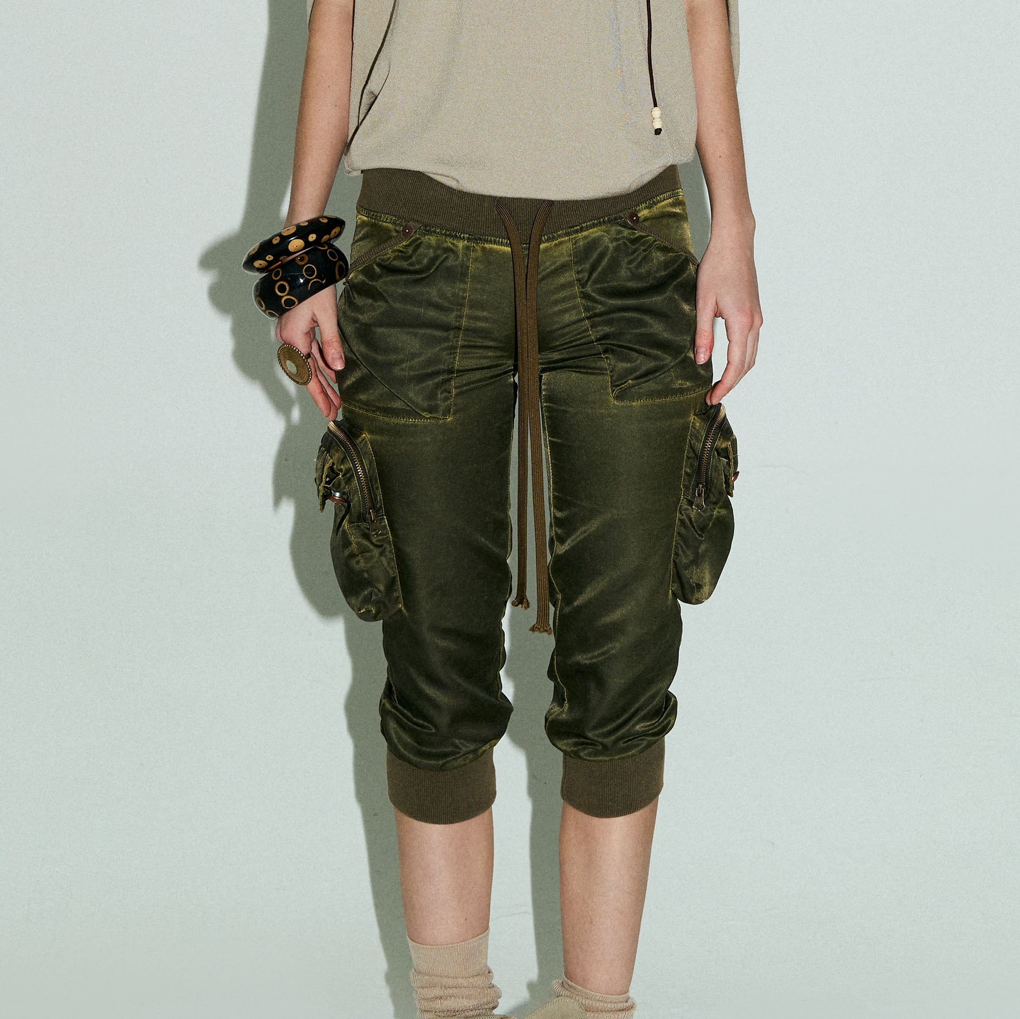 NINETYNINE PERCENT Washed Zippered Cargo Capri Pants