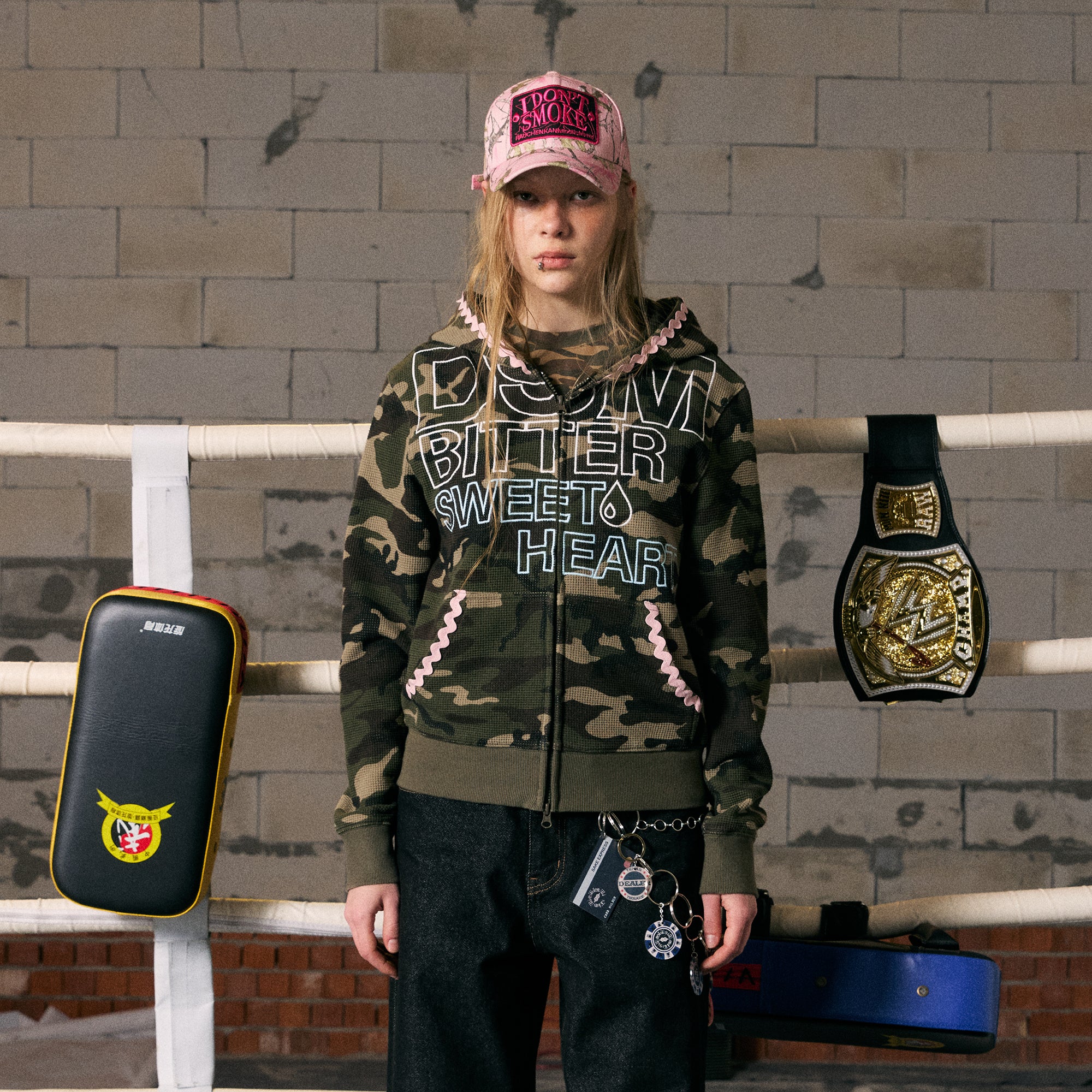 DONSMOKE Camo Wave Trim Waffle Zip-Up Hoodie